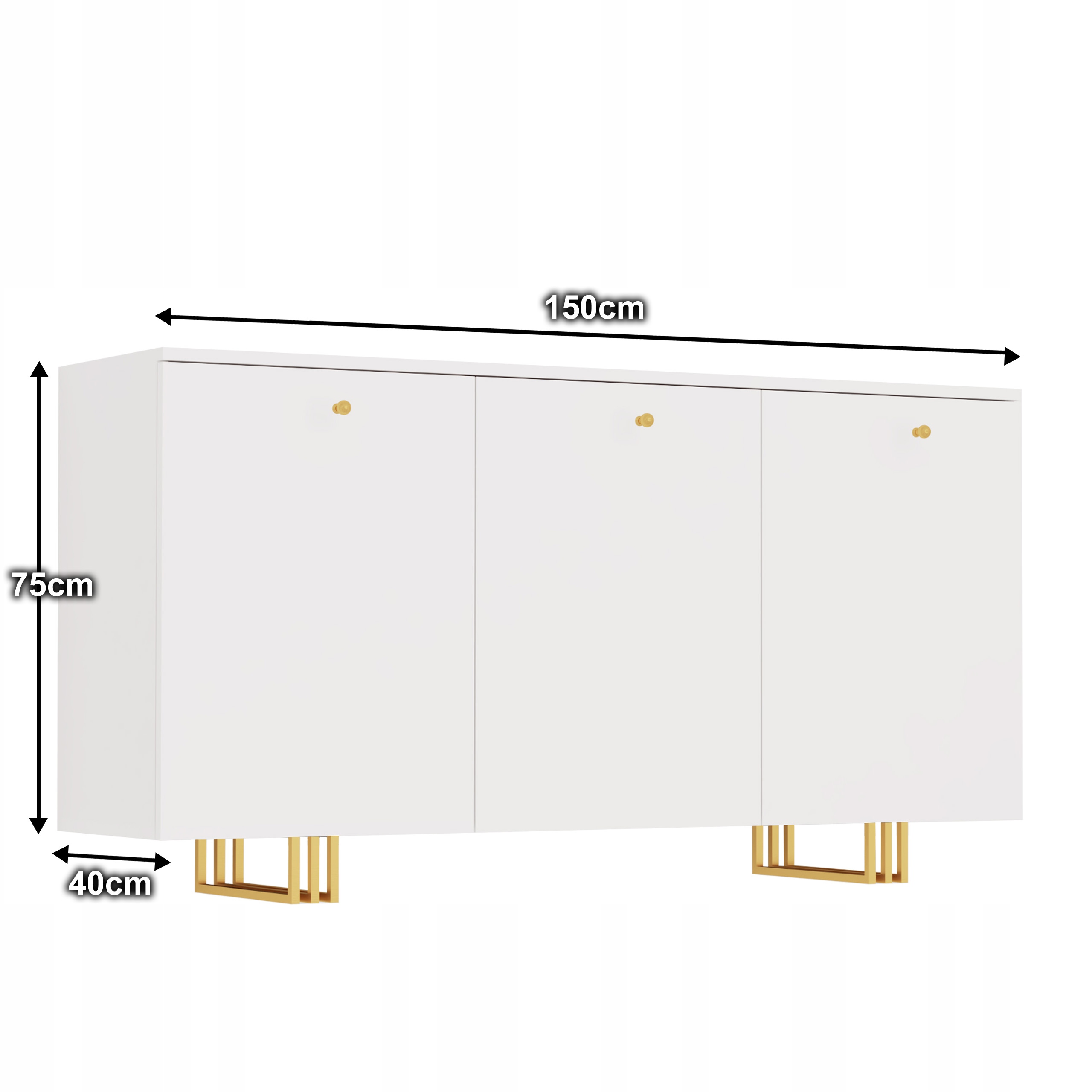 NOWOCZESNA ELEGANCKA POJEMNA KOMODA 150 CM Z SZAFKAMI BIAŁA ZŁOTE NOGI Głębokość mebla 40 cm