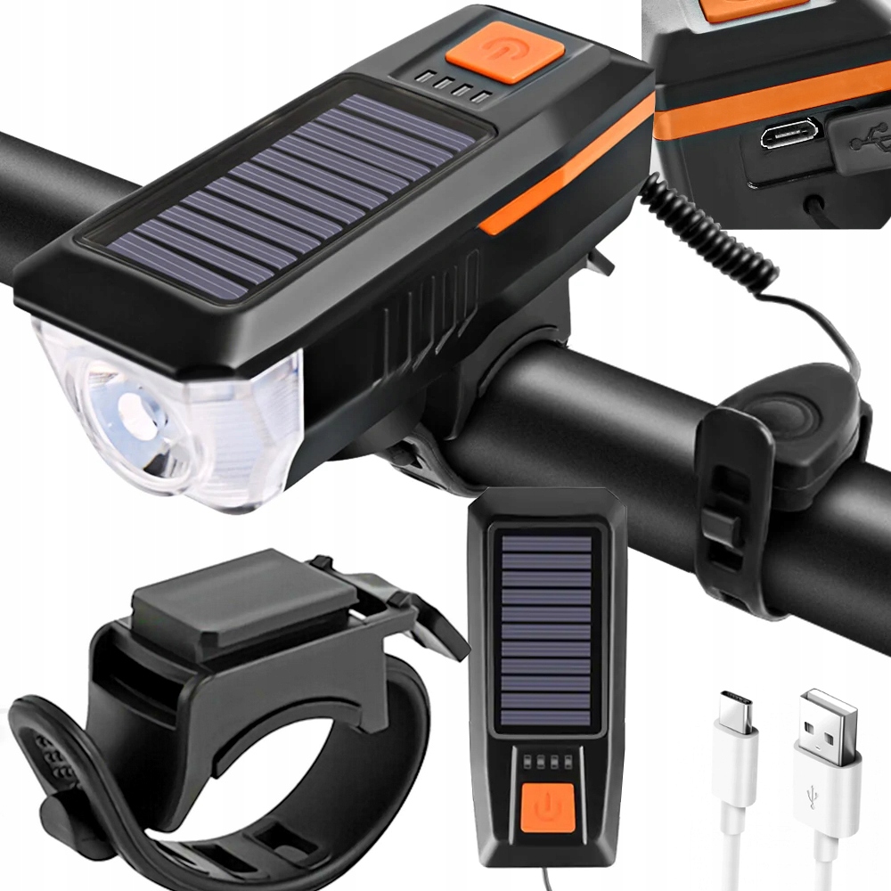Lampka rowerowa Solarna przednia led z klaksonem sygnałem na kierownicę