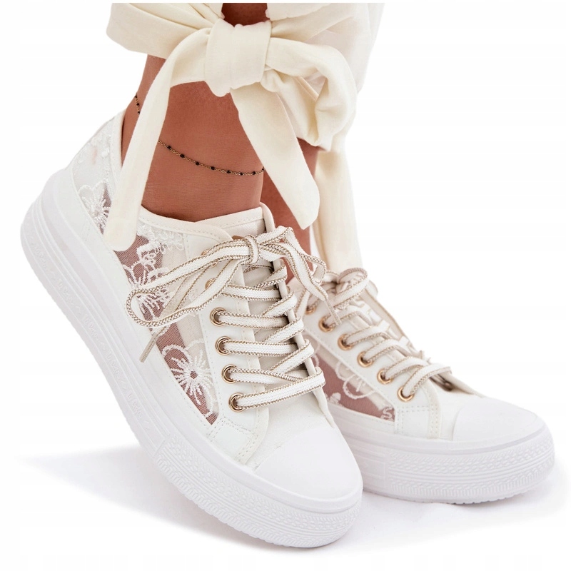 Trampki Damskie Koronka Siatka Haft Platforma Lee Cooper Białe 37