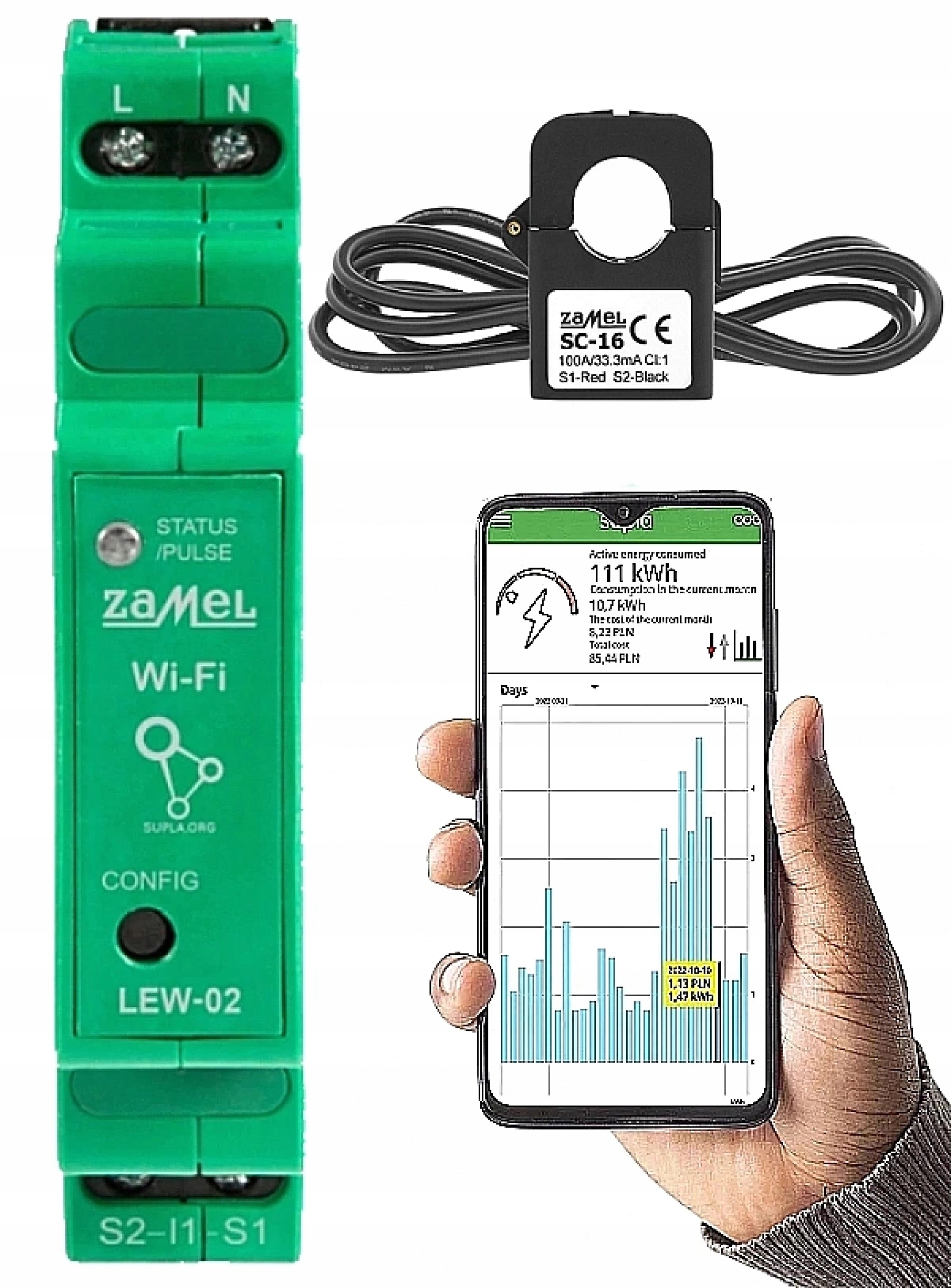 Jednofázový monitor elektrickej energie Supla 100A 1F WiFi LEW-02