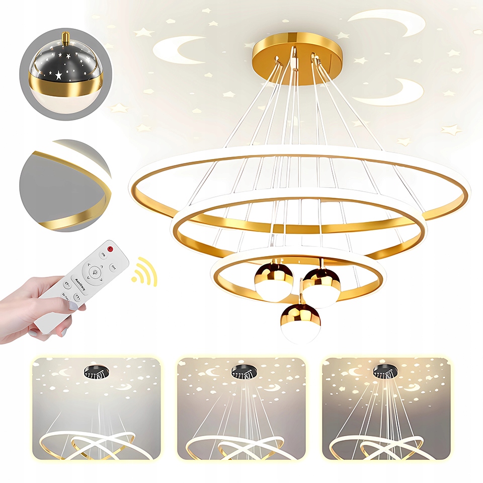 Lampa Wisząca Ringi Led Sufitowa Złota Okręgi Barwy Nowoczesny Z Pilotem