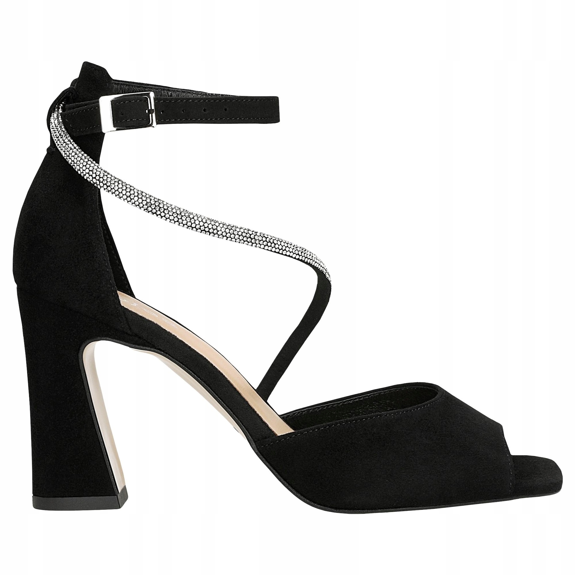 Černé večerní sandály na podpatku s páskem s krystaly vel. 36