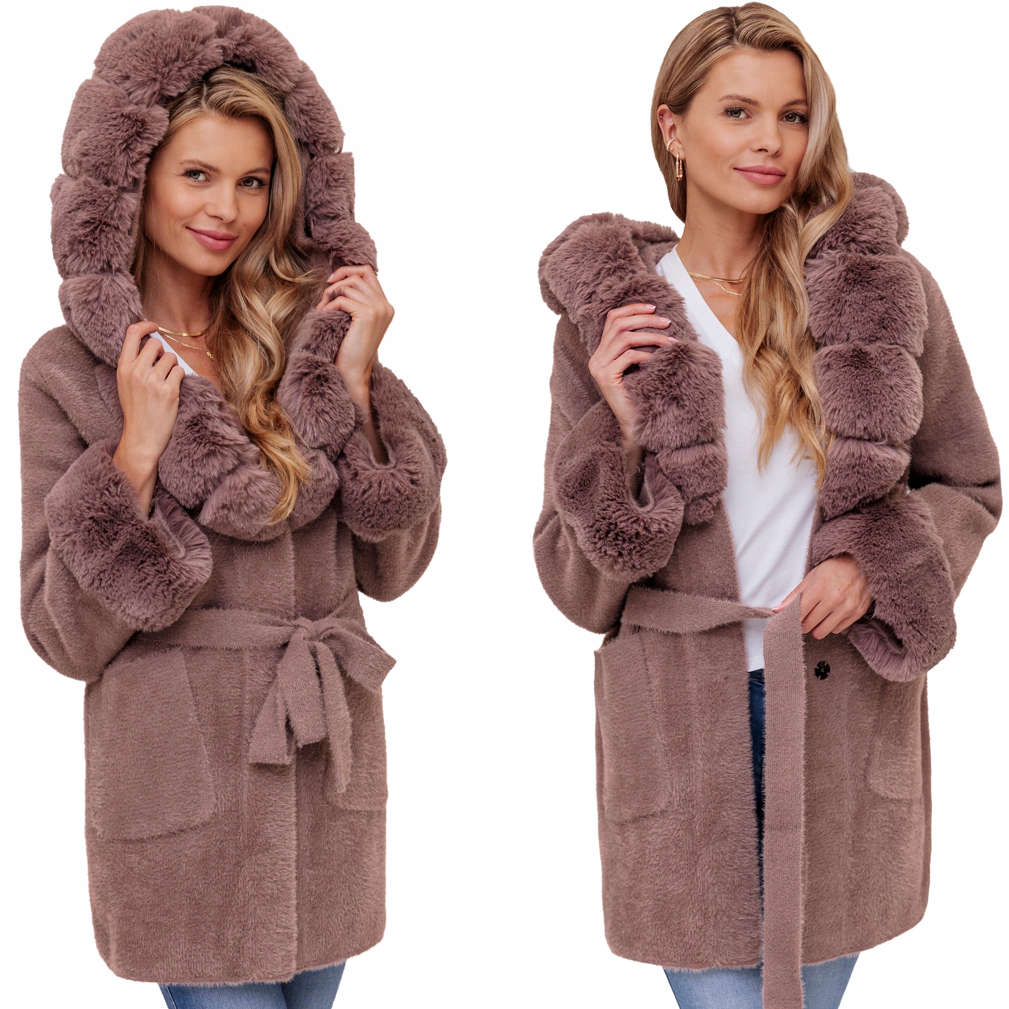 Bella Měkký Kabát S Páskem S Kapucí Alpaka S Kožíškem Cappuccino