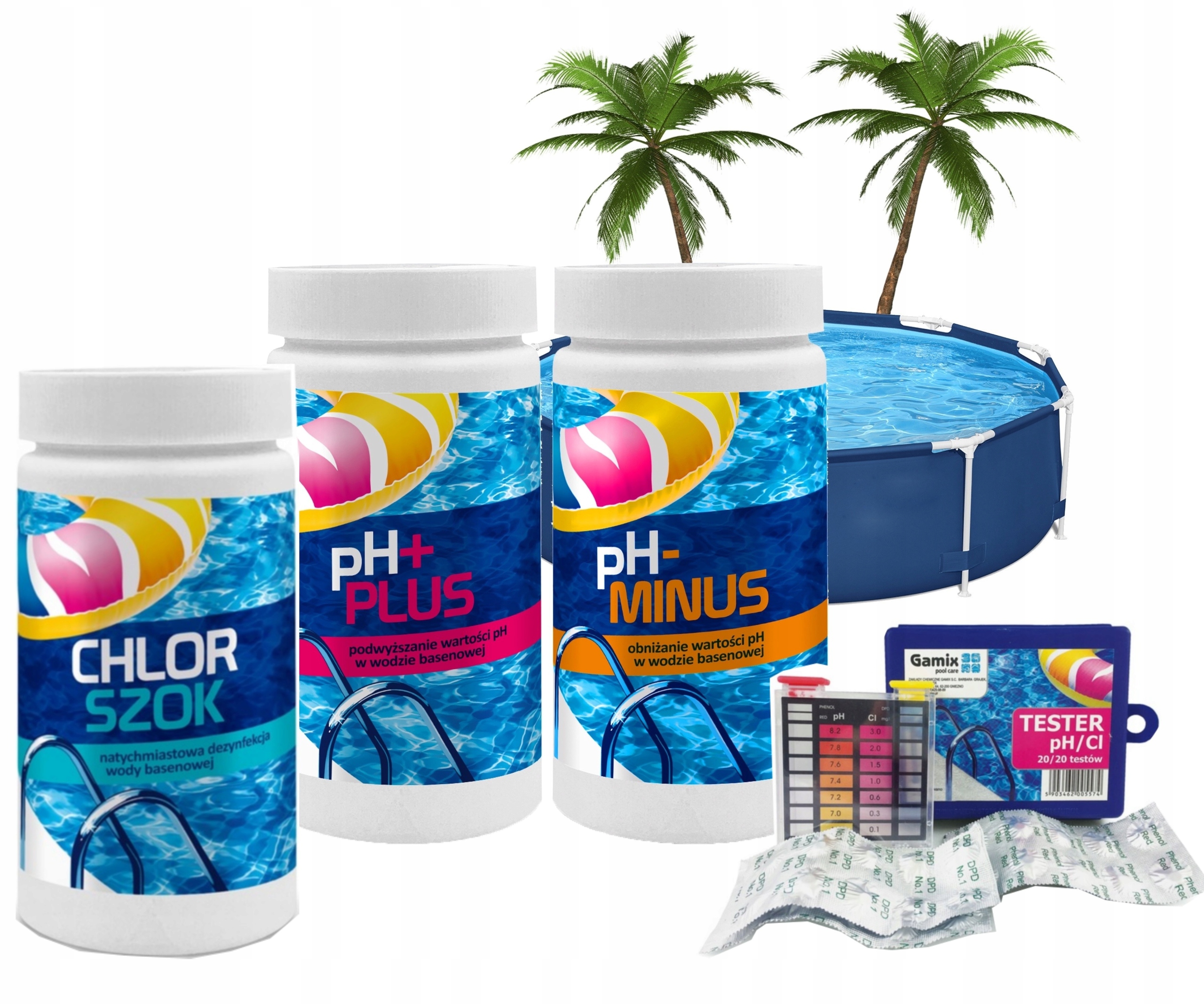 Zestaw Chemia do Basenu Wody Jacuzi Chlor Szok pH Minus Plus Tester 4w1