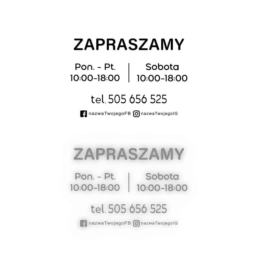 NAKLEJKA NA DRZWI, Godziny Otwarcia + Twój tekst - ODBLASKOWA| HOLOGRAM