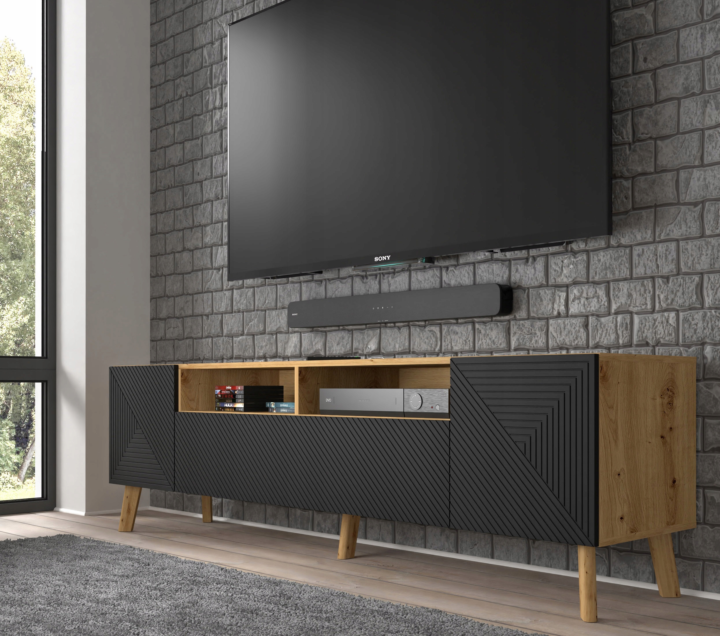 Szafka RTV LUXI 195 cm dąb artisan / czarny mat