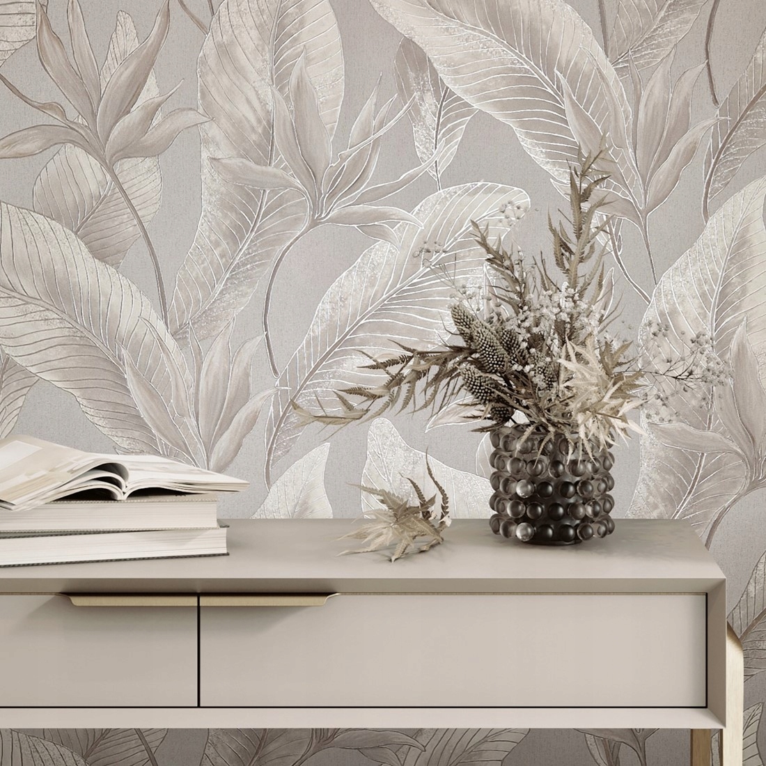 TAPETA WINYLOWA DO SALONU DUŻE LIŚCIE WZÓR ROŚLINNY TAPETY