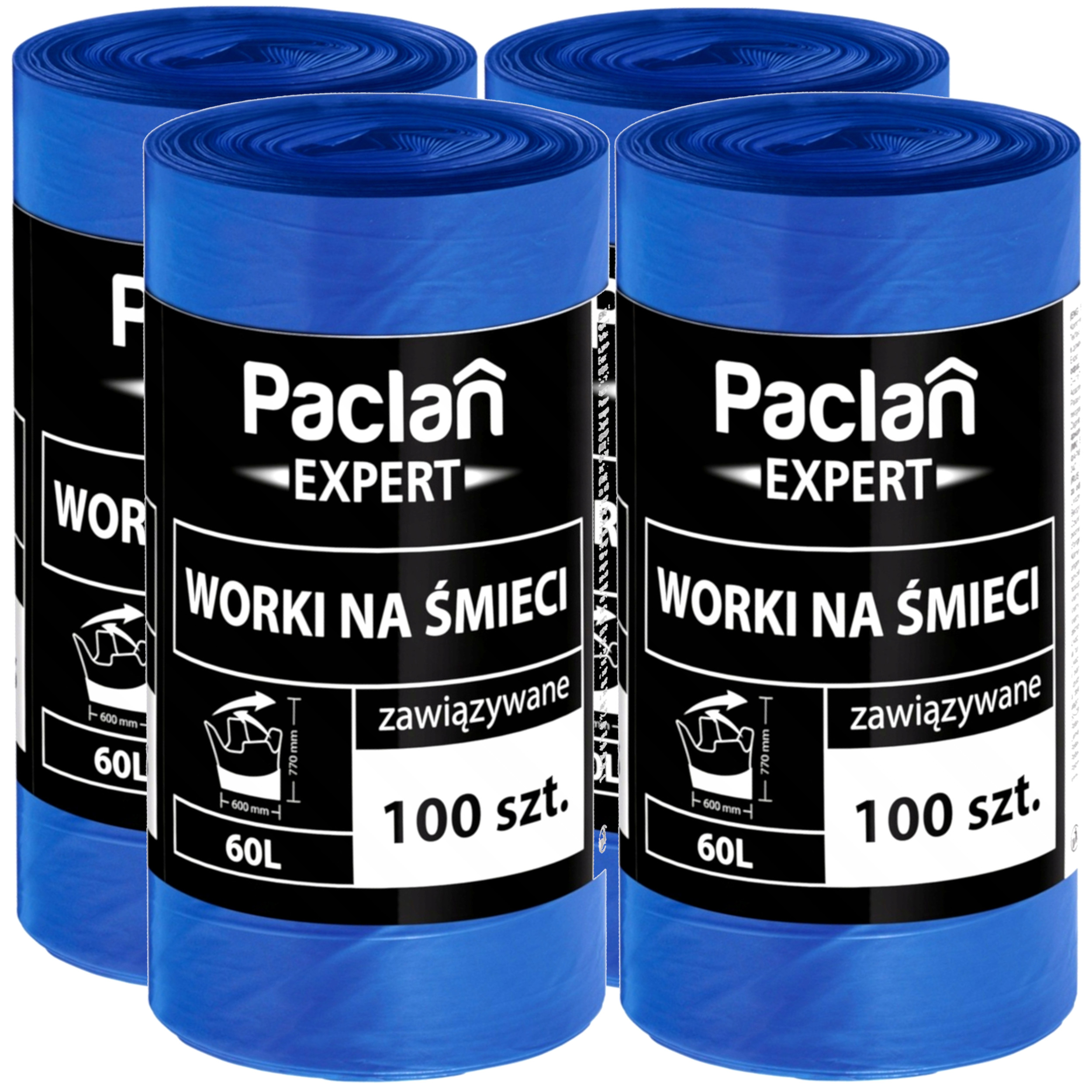 Levně 4x Sáčky na odpadky 60L 100 ks Paclan Expert Zavazovací, silné, nepraskající