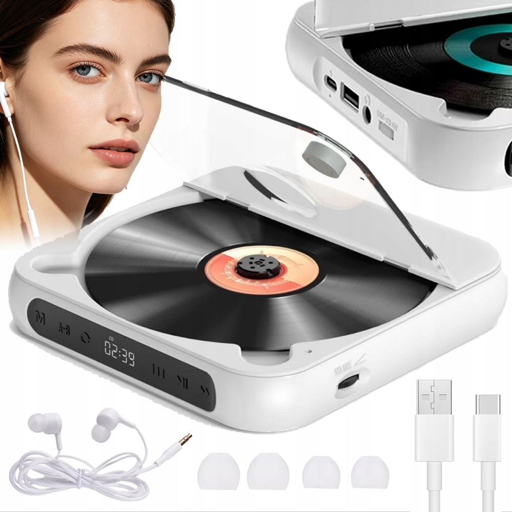 Odtwarzacz Przenośny CD Głośnik Bluetooth MP3 Usb Słuchawki Biały 2000mAh
