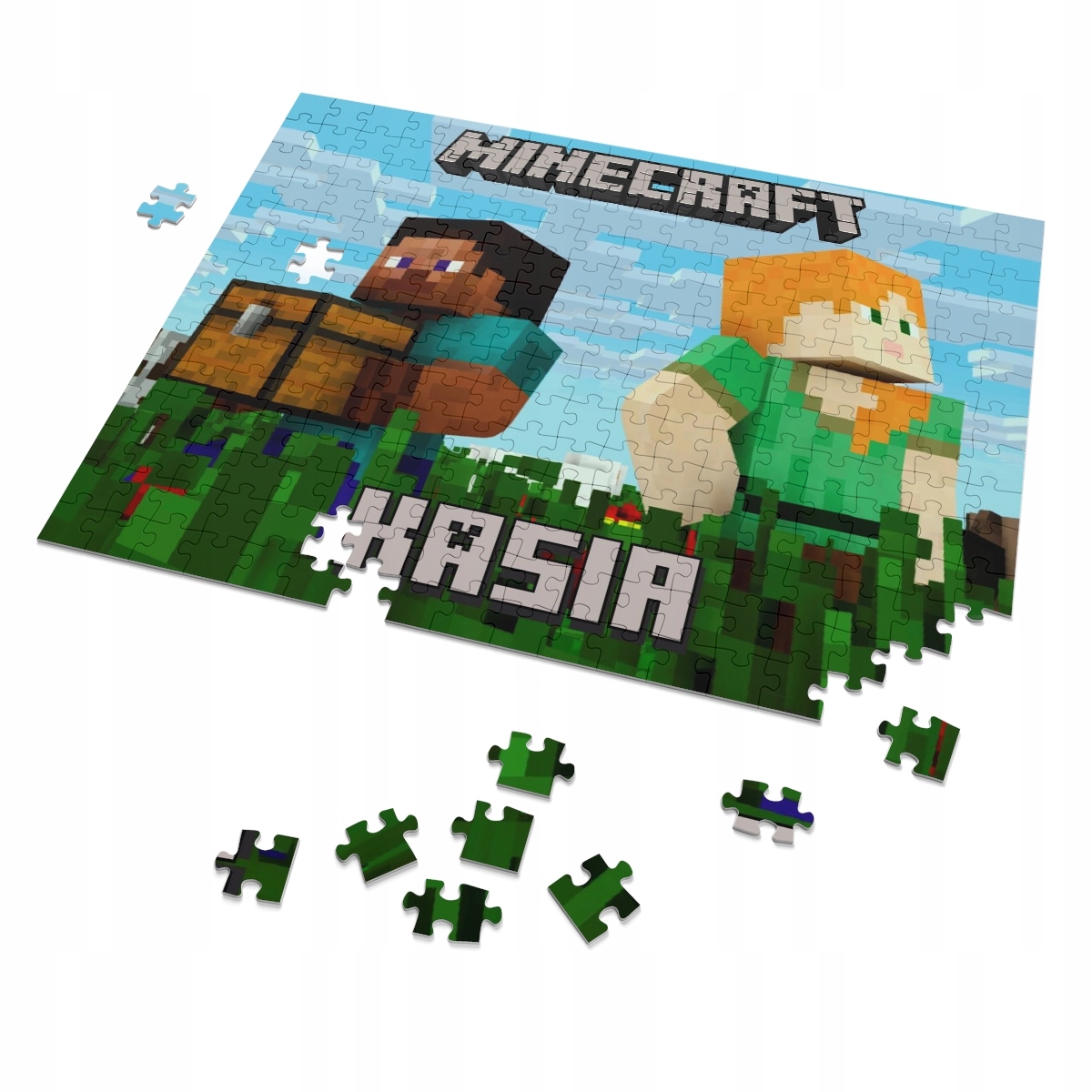 Puzzle + IMIĘ + pudełko MINECRAFT A4 96 el