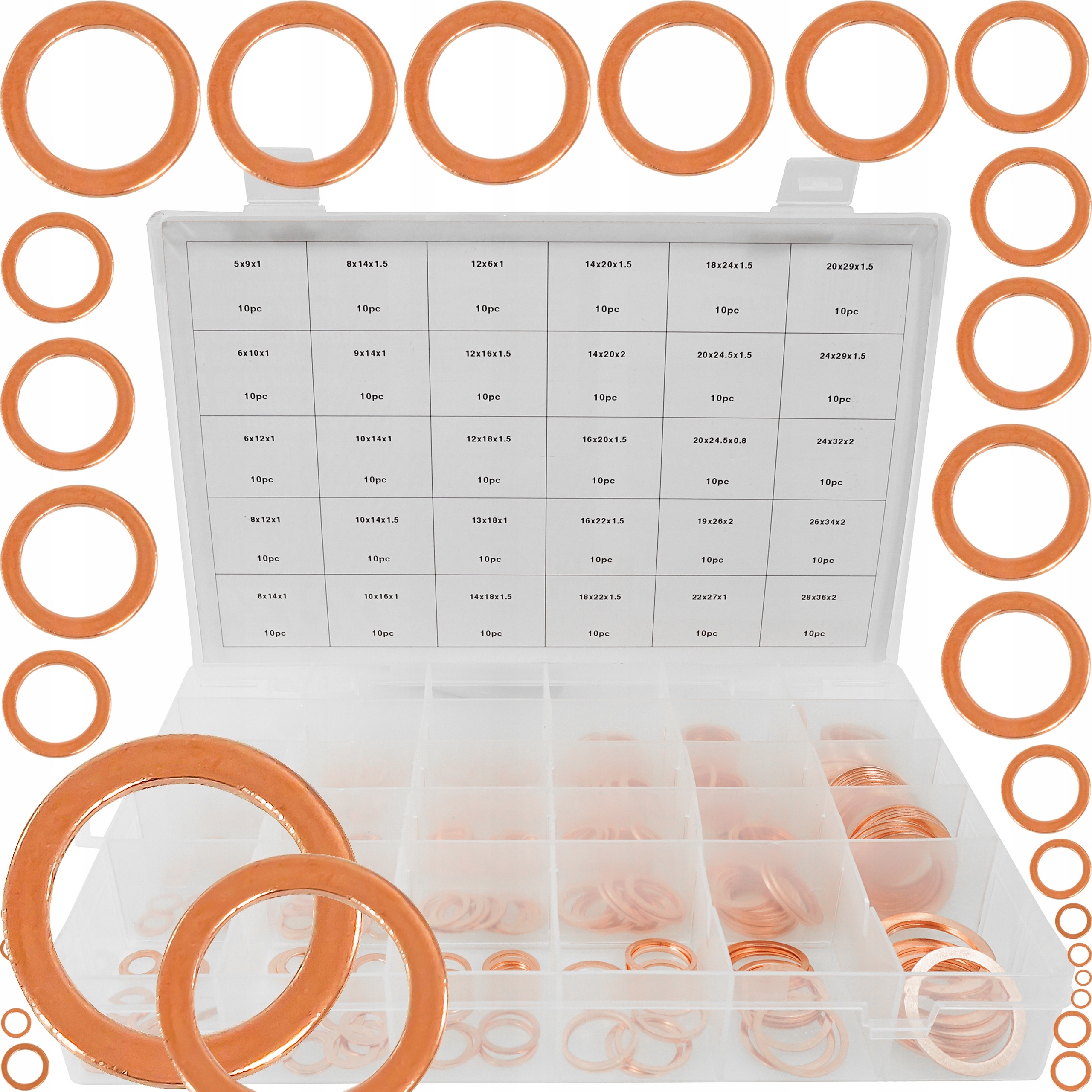 PODKŁADKI MIEDZIANE ZESTAW PODKŁADEK MIEDZIANYCH USZCZELKI MIEDŹ 300 sztuk Kod producenta V06711