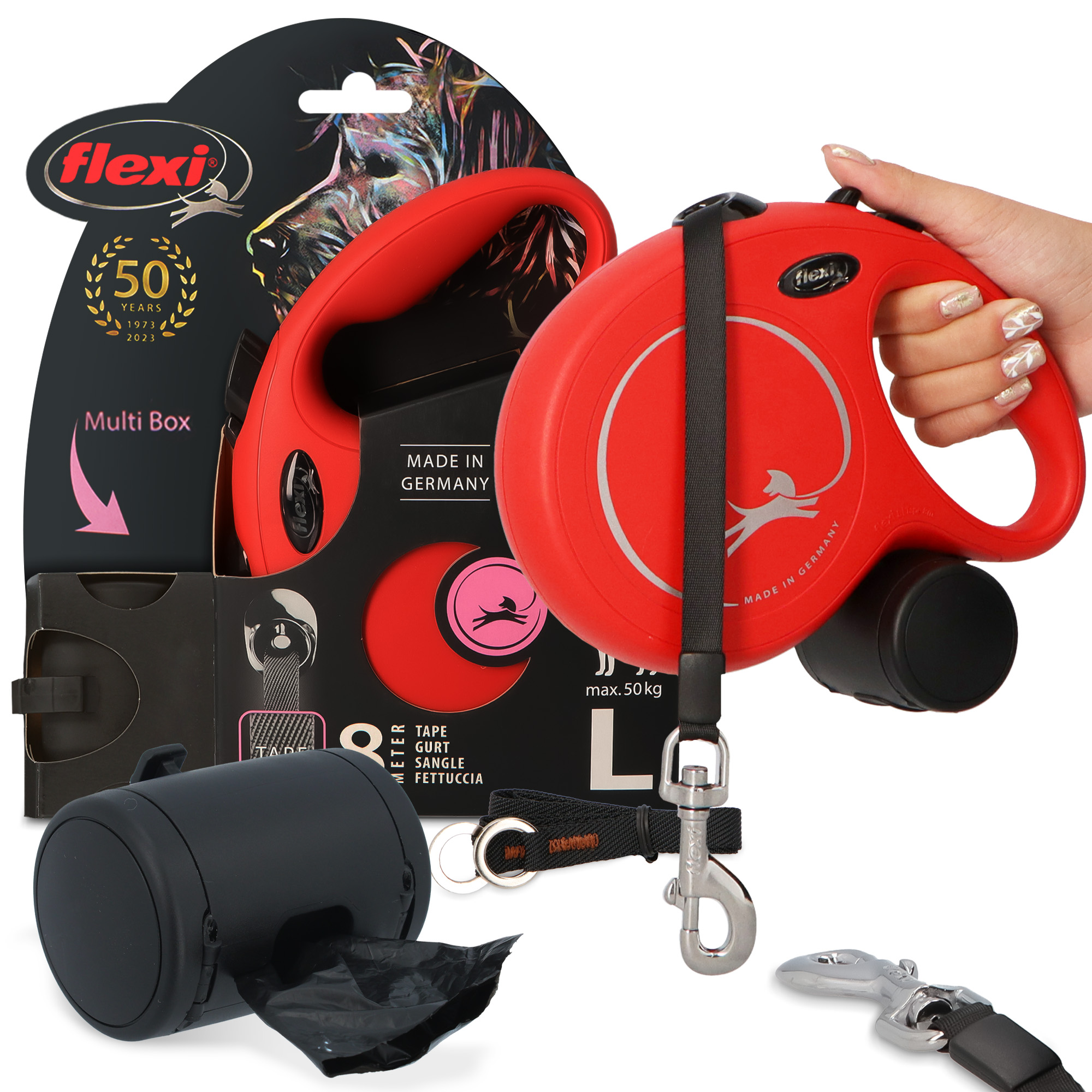 Levně Vodítko Automatické Psa 8m 50kg Páska Nádoba Multi Box Sáčky Pochoutky