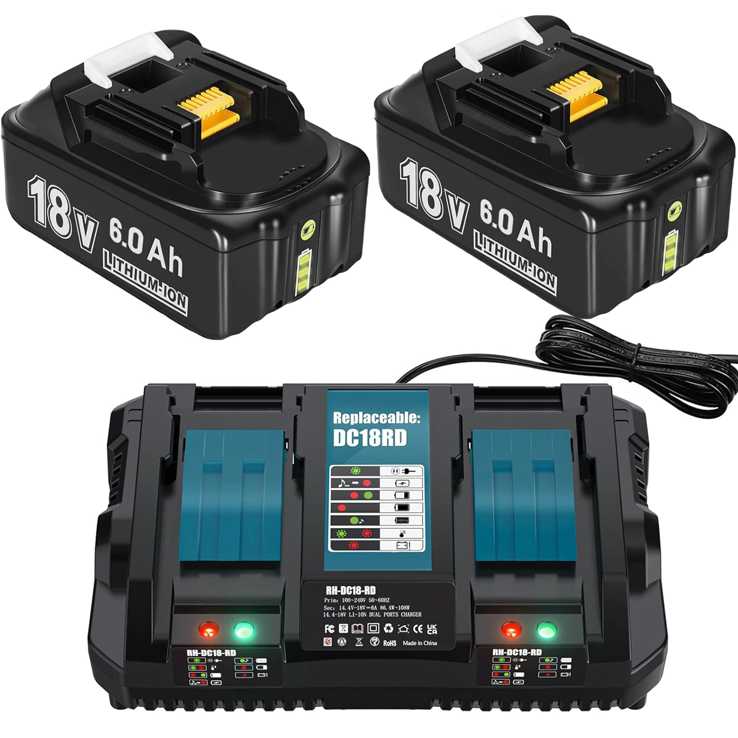 2x Akumulátor Baterie pro Mtakita 18V 6Ah BL1860 BL1850B Nabíječka 14.4-18V