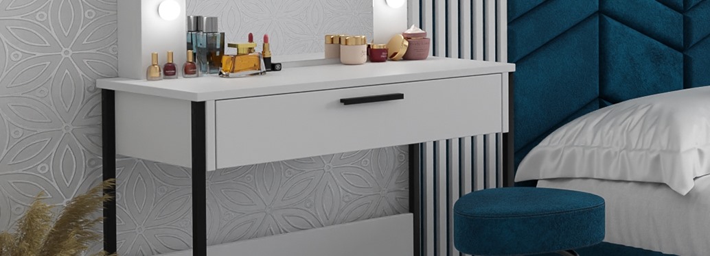 TOALETKA FORESTO Z OŚWIETLENIEM LUSTREM BIAŁA CZARNE NOGU METALOWE Kolor mebla biały