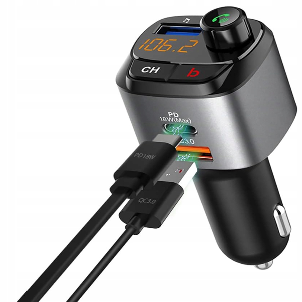 NAJMOCNIEJSZY Transmiter bluetooth FM samochodowy ładowarka18W QC3.0 USB-C Marka Inna