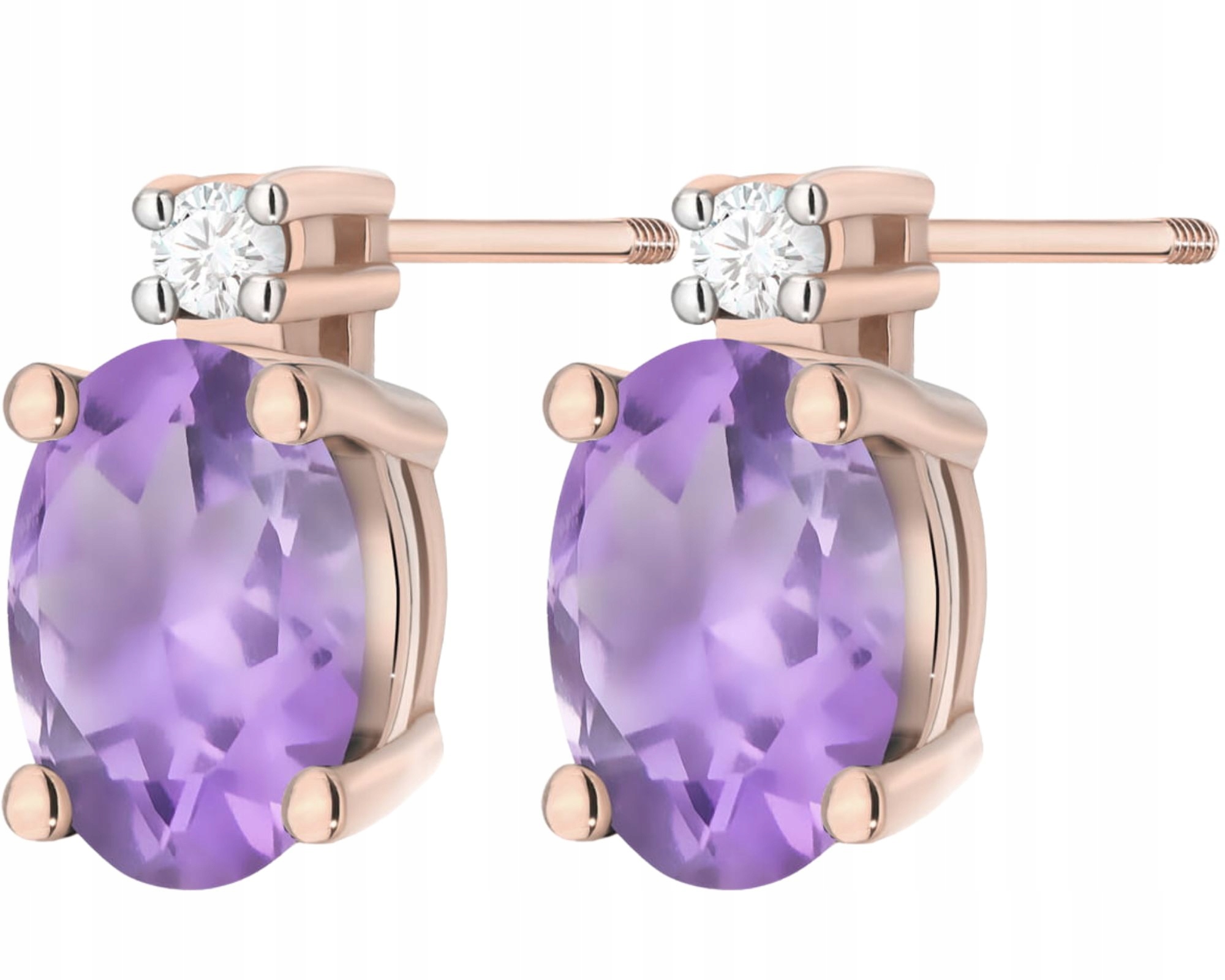 Růžové Zlato Náušnice S Ametystem A Brilianty, Šroubovací Tyčinka Zlato 585