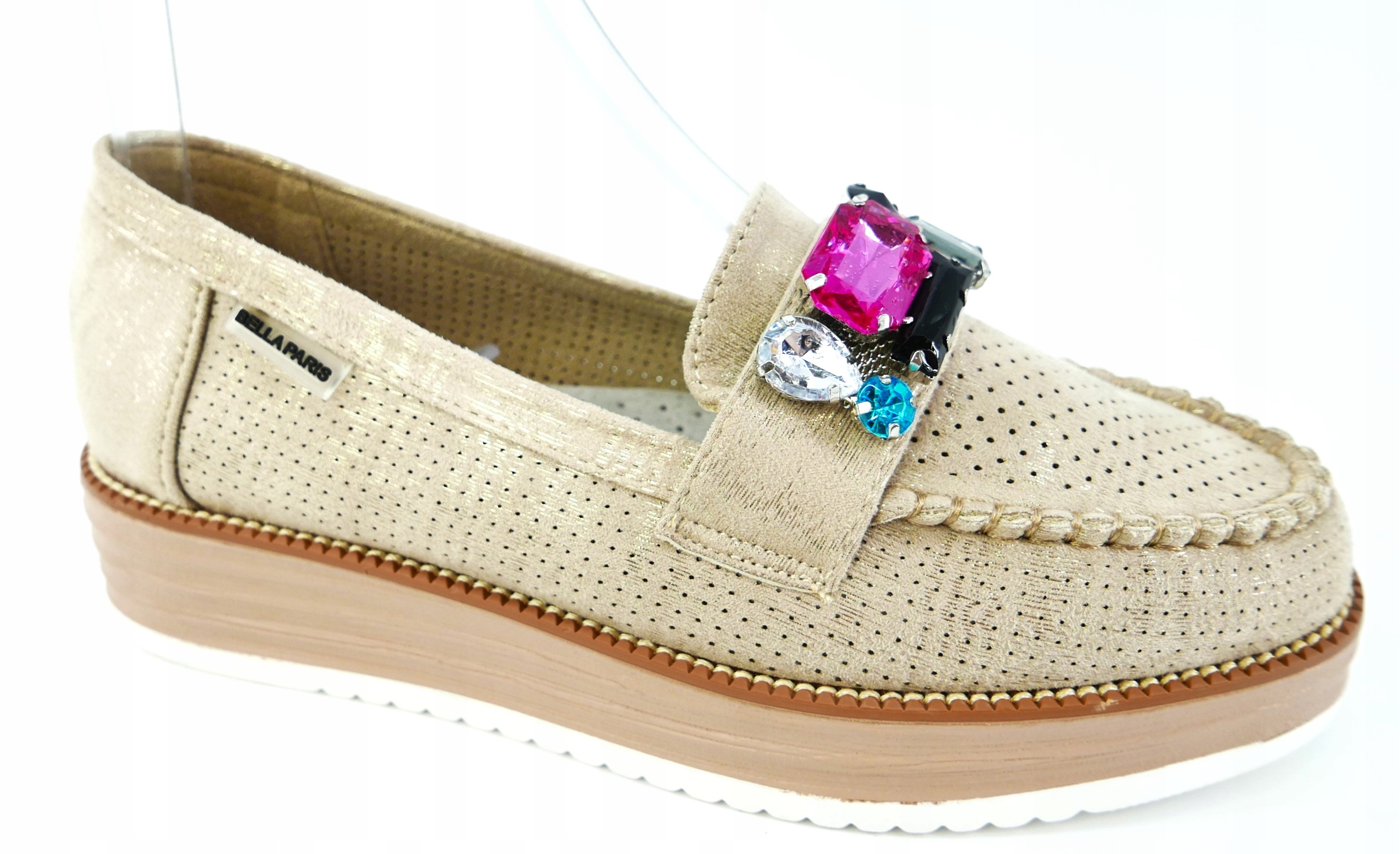 BELLA PARIS MOKASYNY DAMSKIE ZŁOTE KRYSZTAŁKI R36