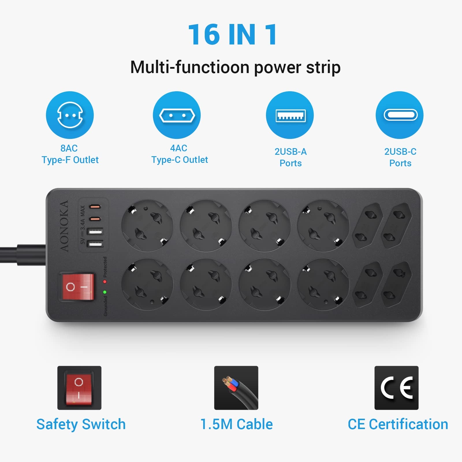 AONOKA Przedłużacz Taśma Listwa Zasilająca USB 12 — miniatura 12