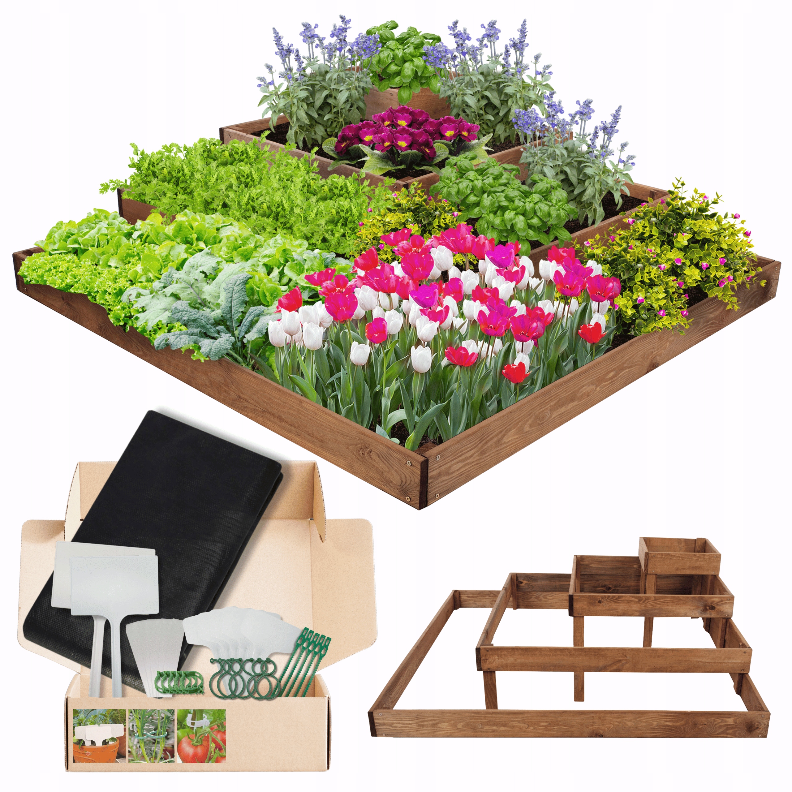 Dřevěný rohový záhon na zeleninu, pařeniště, kaskádový, 36x120x120