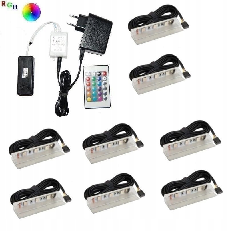 Zestaw LED RGB 8 x klips PCV do szklanych półek pi