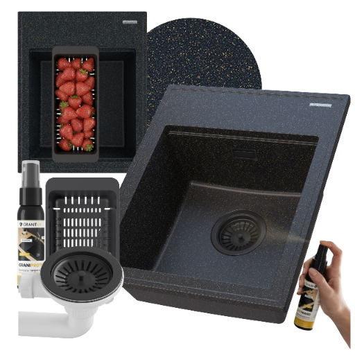 Granitový dřez Jednokomorový Dřez sifon Sada Černá Zlatá Alor