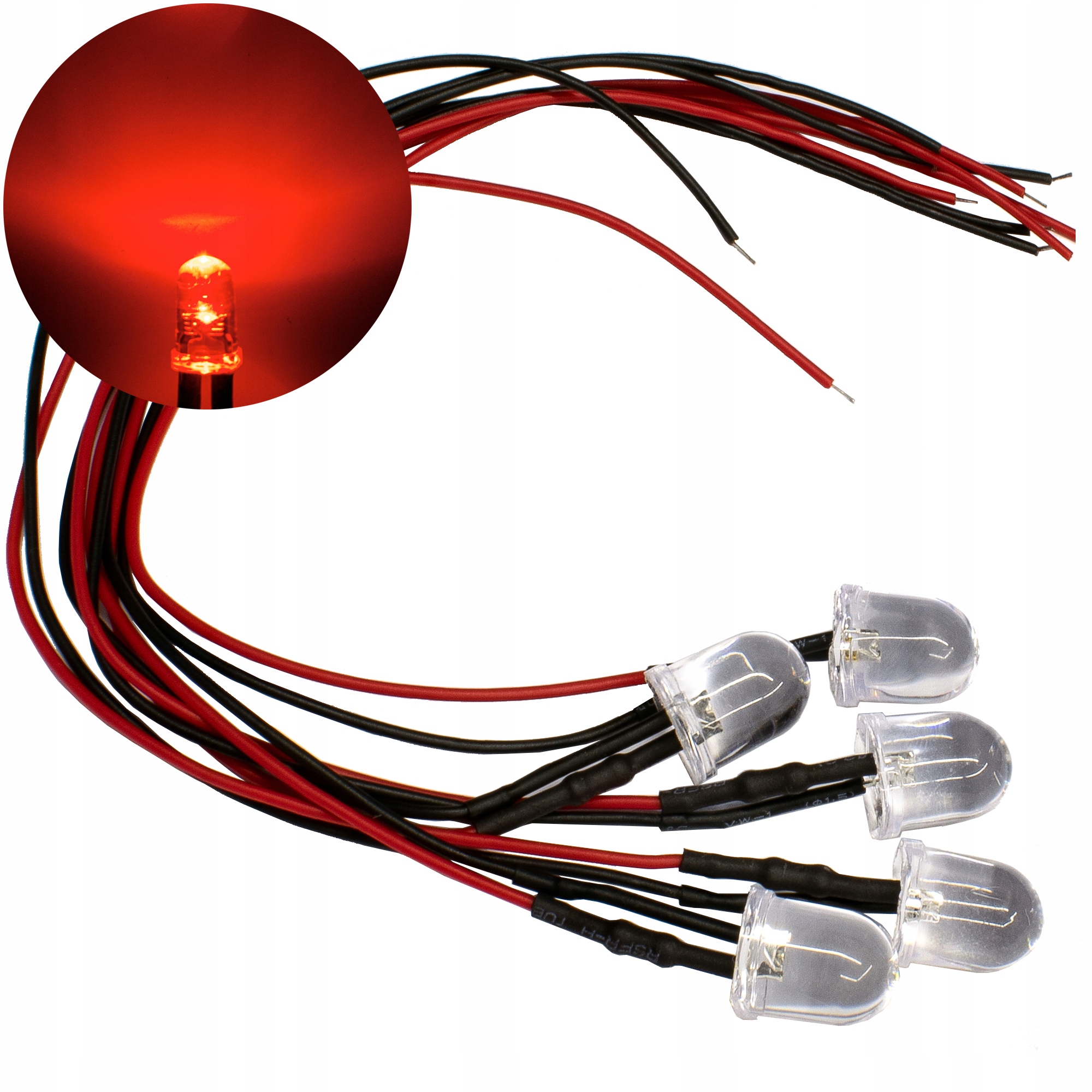DIODY LED 12V 10mm CZERWONE - przewody o długości 20cm | komplet 5 SZT
