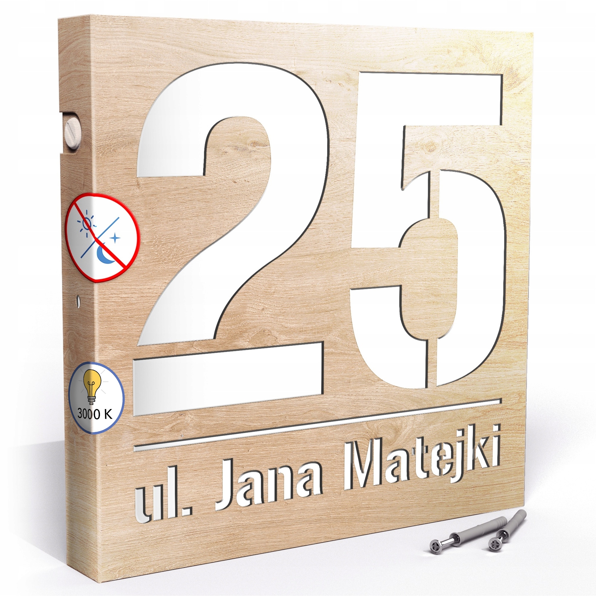 Led cedulka 3000k 30x30 cm Teplá barva Jasné dřevo Číslo na dům Čísla