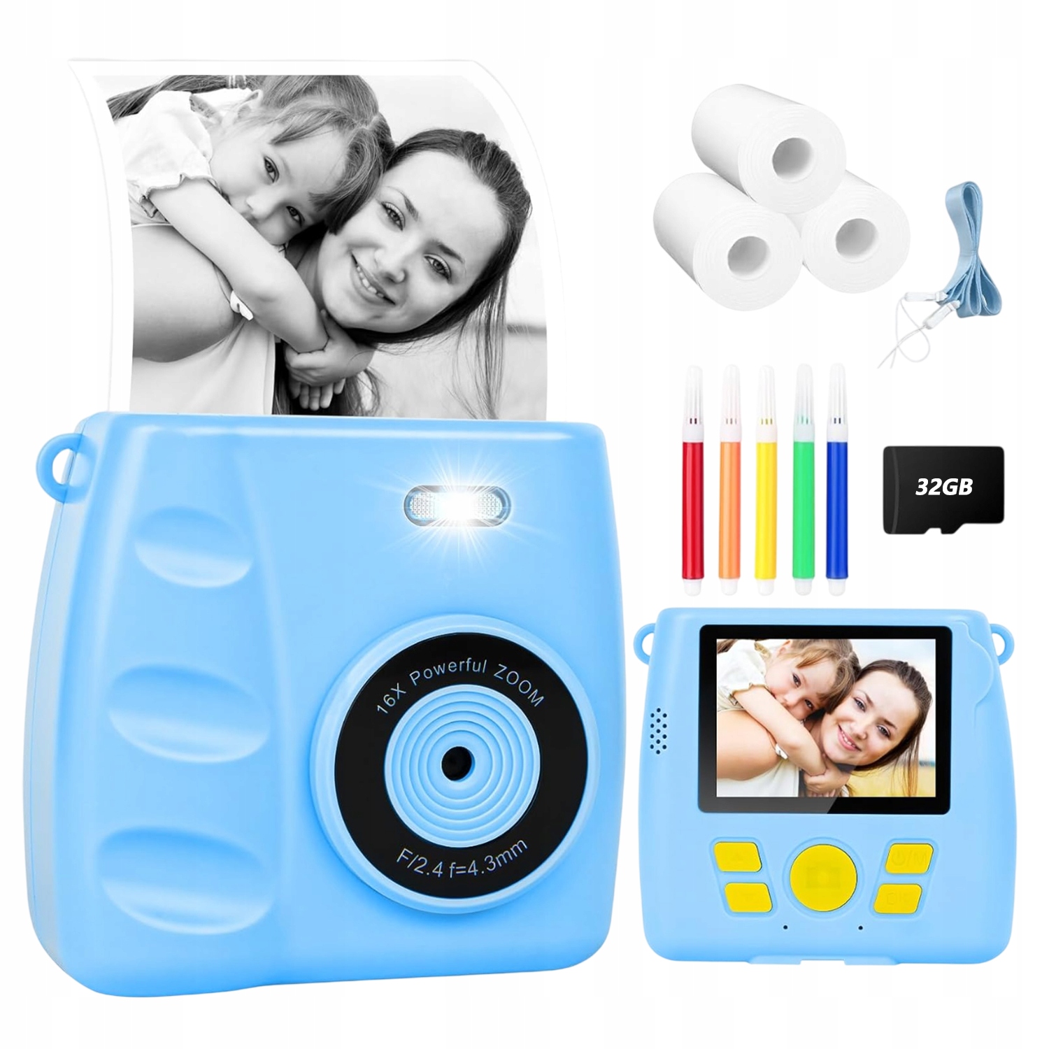Digitální Fotoaparát Inspirativní Modrý S Tiskárnou Pro Děti 32 Gb Kartou