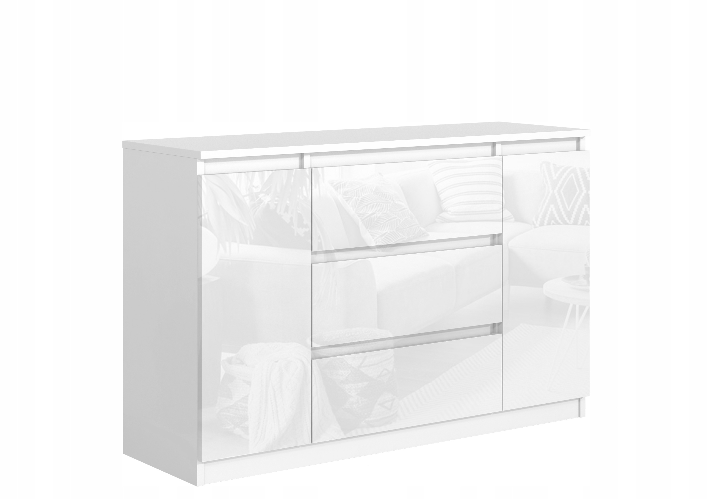 Komoda 120cm 3 szuflady 2 szafki Korpus Biały mat, Front Połysk