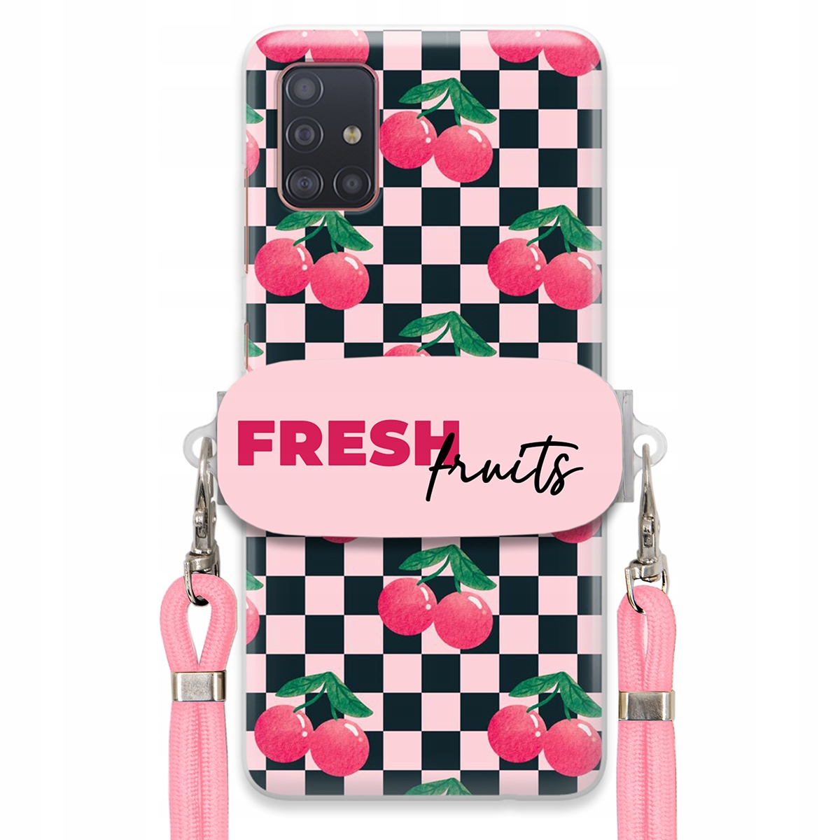 Puzdro pre Samsung A51 Vodítko Pink Crossbody Šachovnicový držiak Fresh Fruits