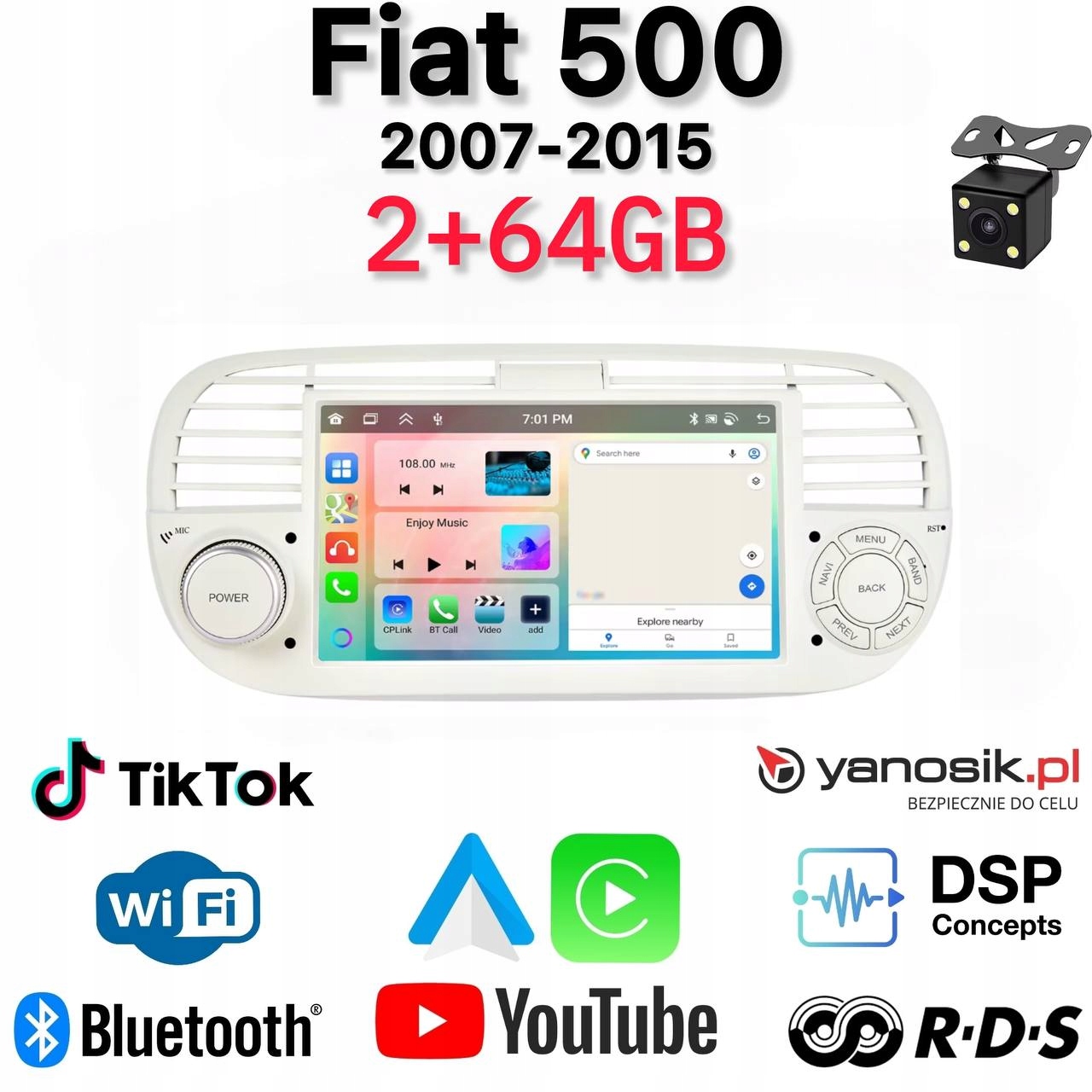 Radio Android Nawigacja Fiat 500 (2+64 Gb) WiFi CarPlay Gps Bluetooth