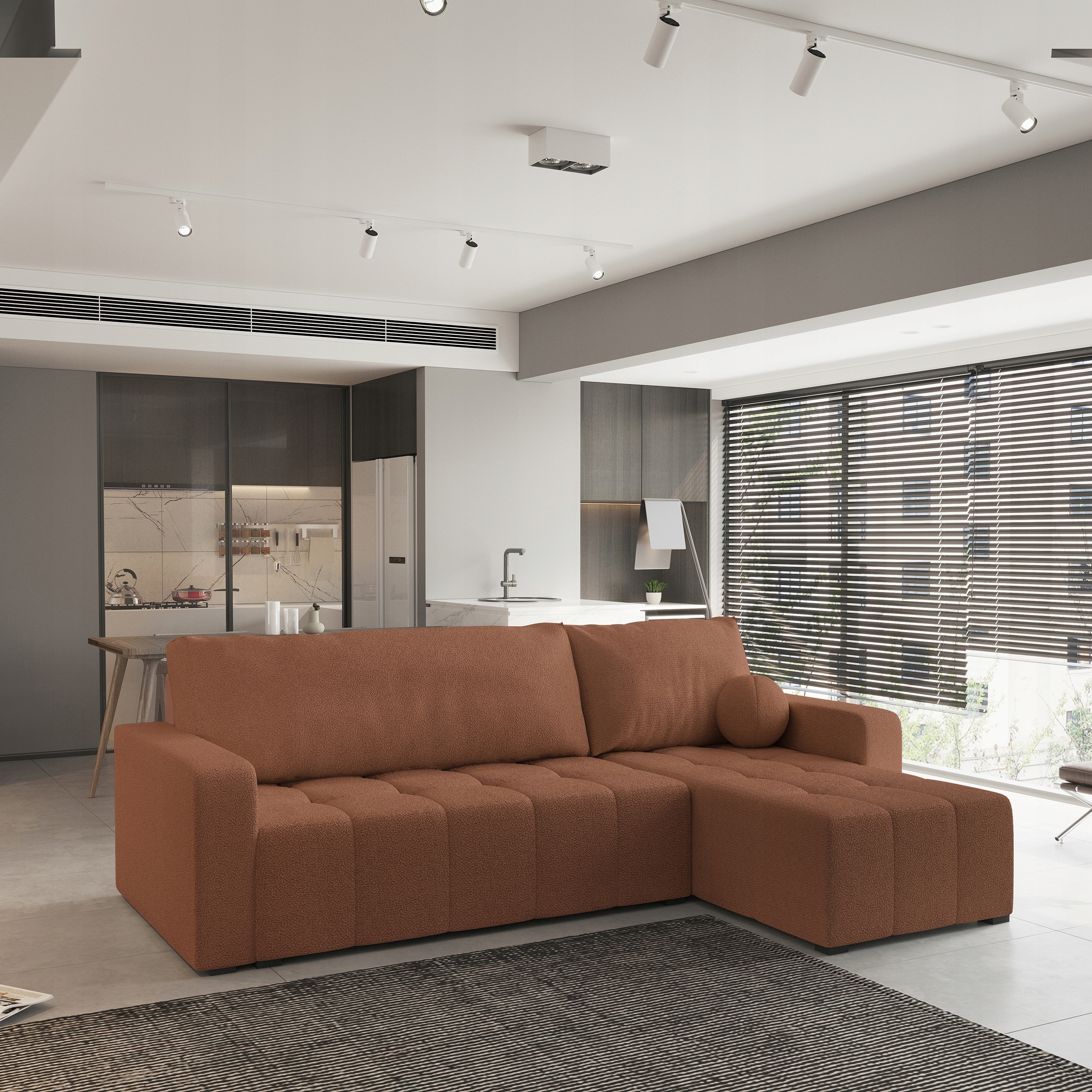 Rohová Sedací Souprava Volira Funkce Spaní Klasická tkanina Boucle Beránek Měděná