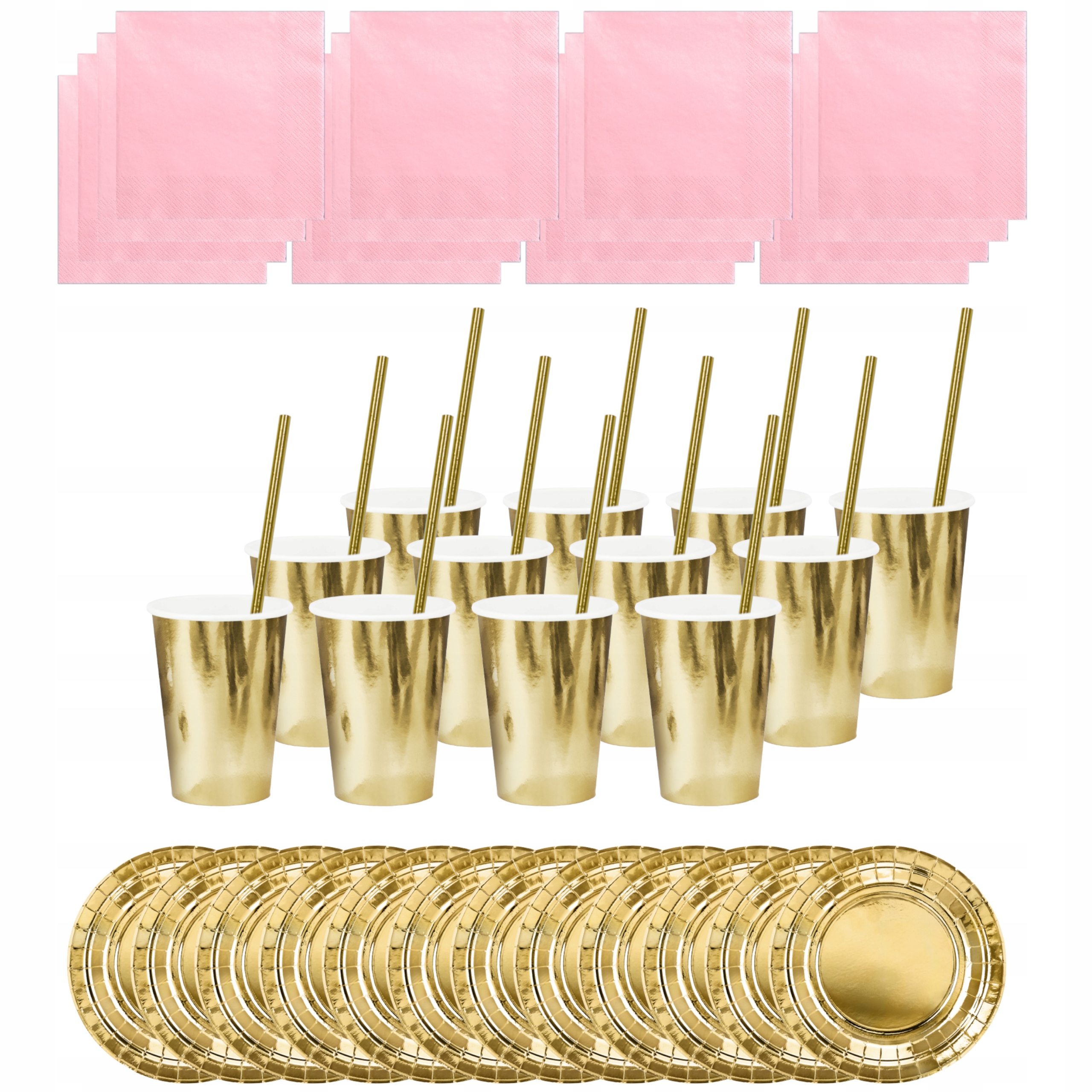 ZESTAW TALERZYKI KUBKI SERWETKI SŁOMKI - złoty