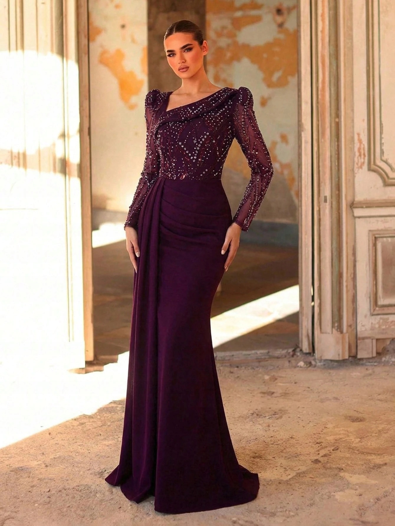 Shein Fialová Šaty S Flitry, Dlouhý Rukáv, Velikost M 1M