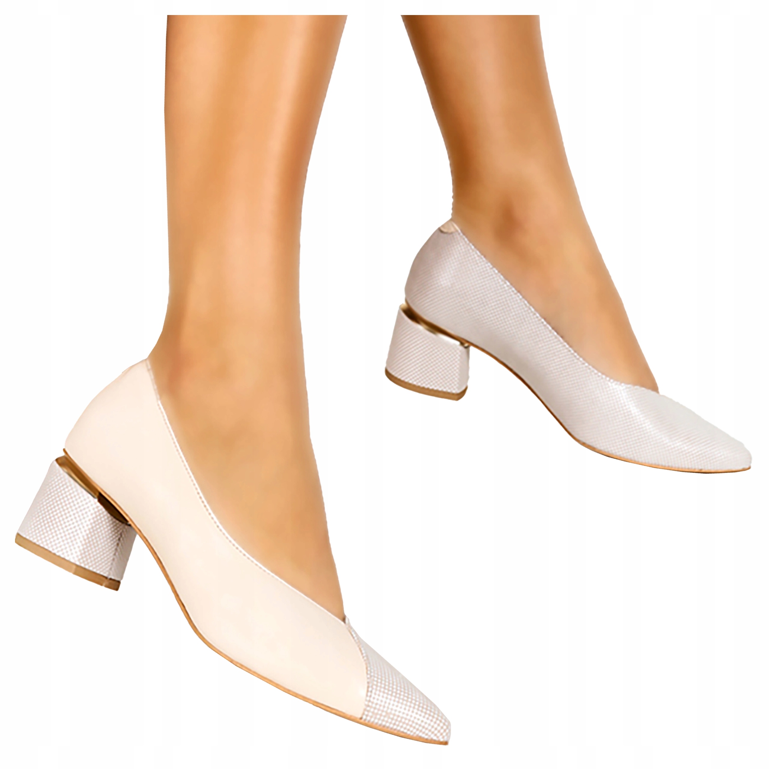 Kožené Dámské lodičky s Nízkým Podpatkem Béžové Polský Výrobek vel. 36