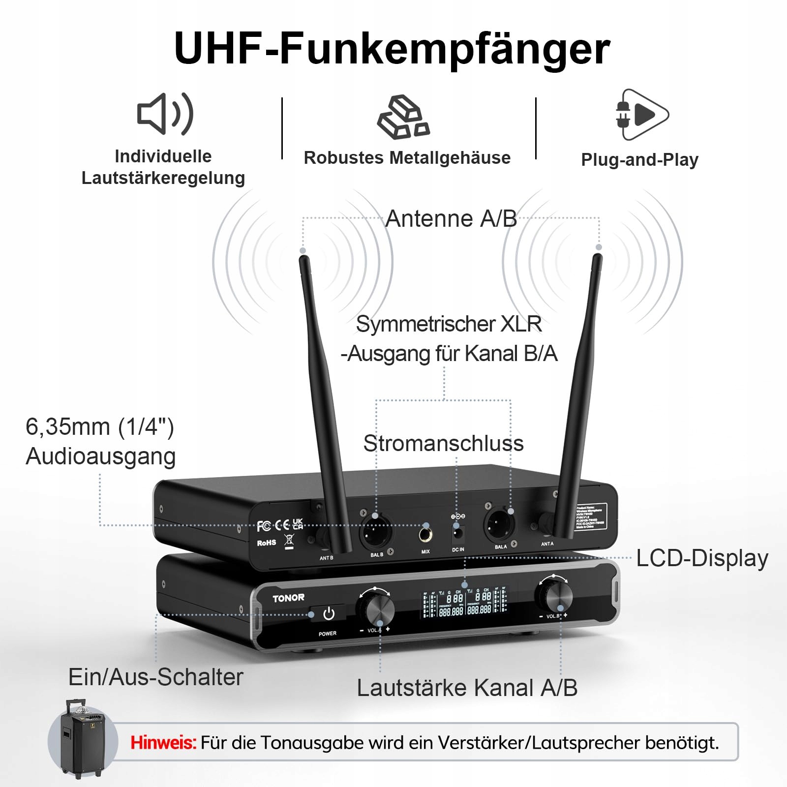 TONOR Bezprzewodowy System Mikrofonów Karaoke 60m Zasięg Szary TW450 — miniatura 2