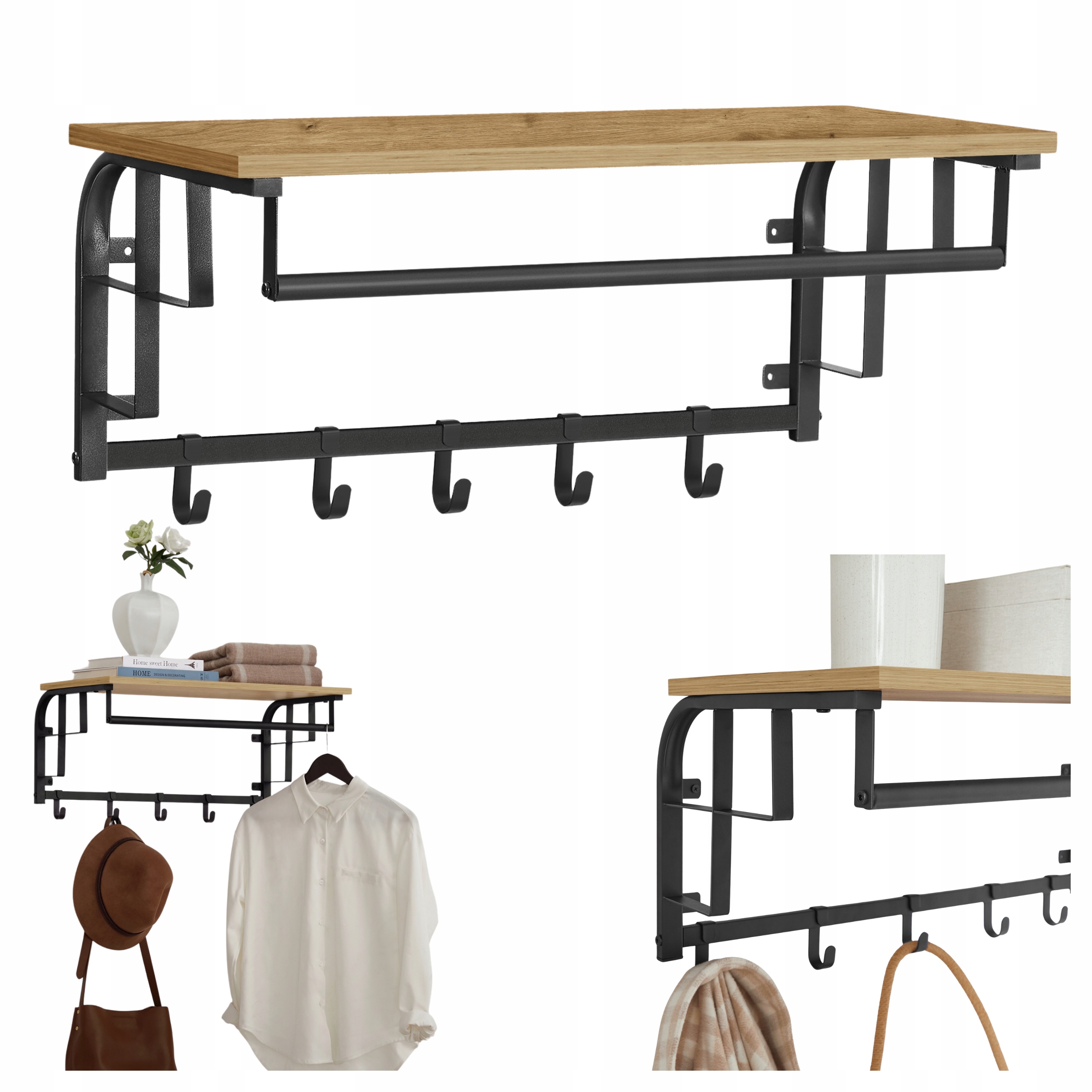 Nástěnný věšák s policí a 5 vyměnitelnými háčky Police na oblečení Loft 66 cm