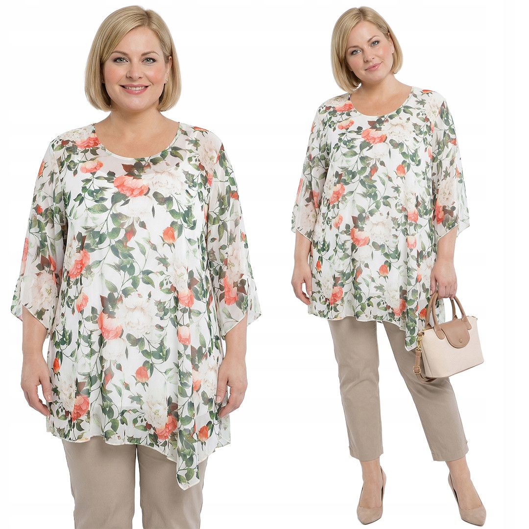 Krémová šifonová tunika s květinami a velikostí velikost 52/54