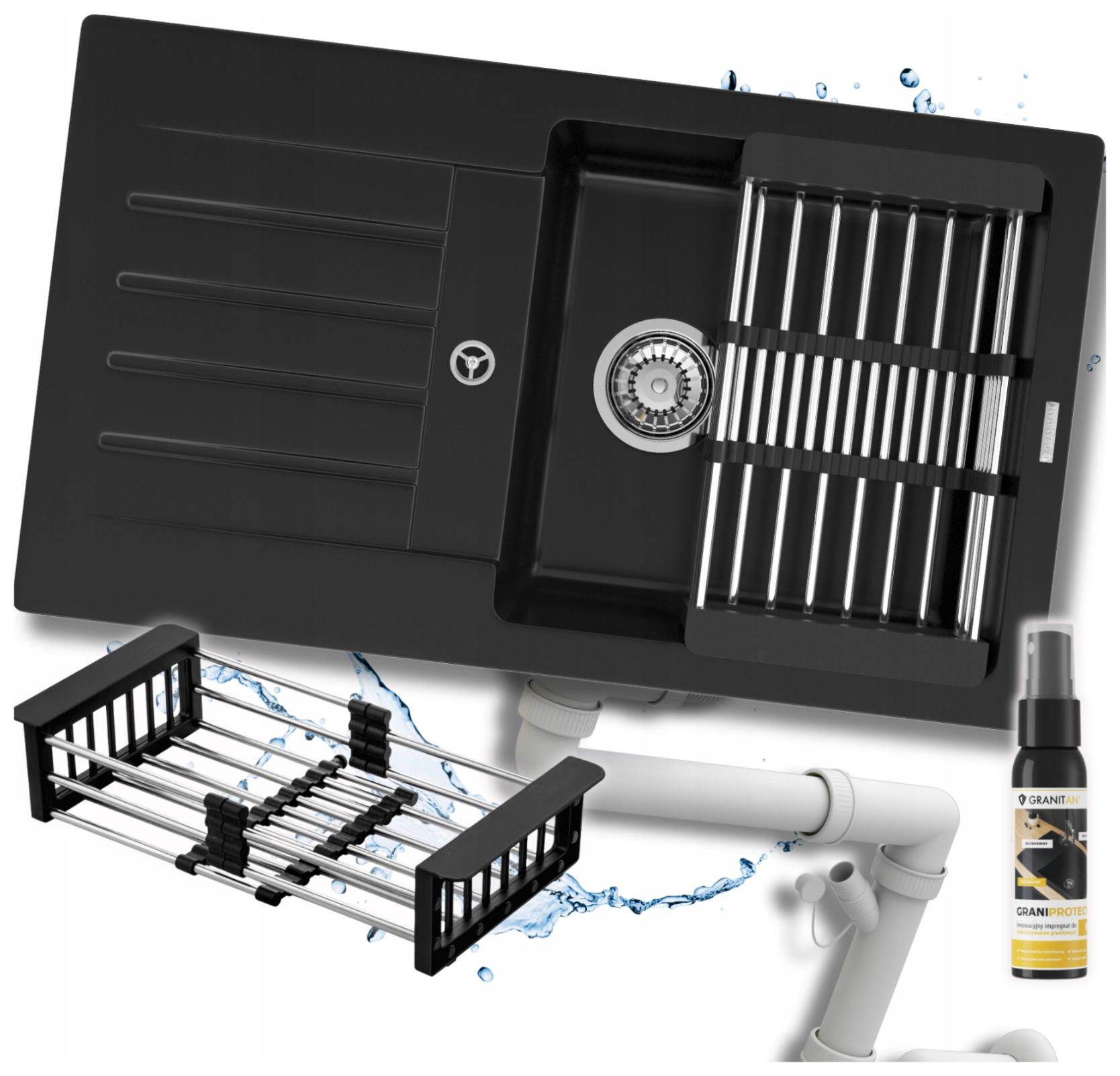 Jednokomorový granitový drez Trix, čierny, odkvapkávač, sifónový set