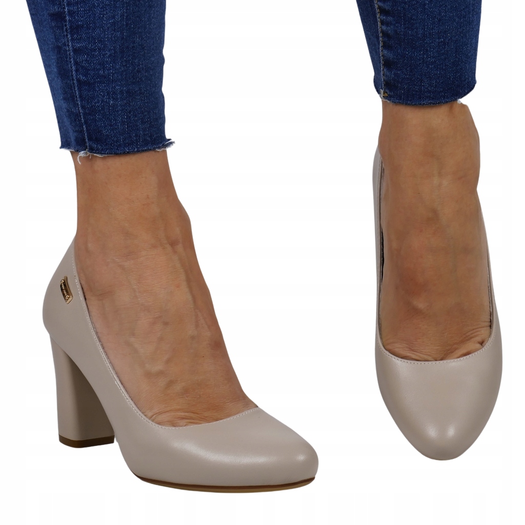 iButy DAMSKIE CZÓŁENKA NA SŁUPKU NA OBCASIE JASNE SZARE BEŻOWE WYGODNE Długość wkładki 23.2 cm