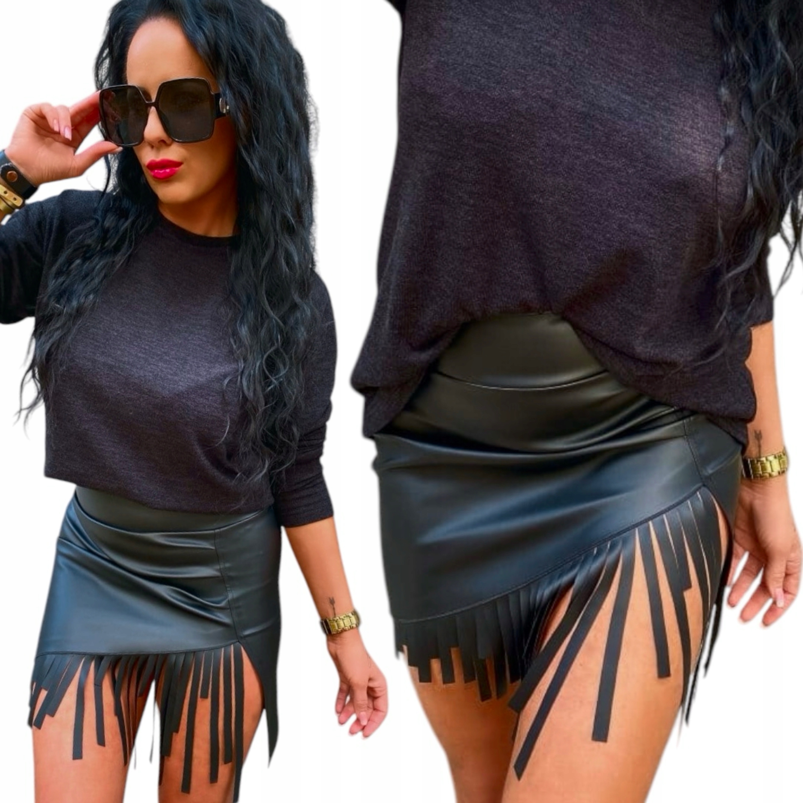 Sukně s třásněmi, odvážný vysoký pas, černá, velikost M 38