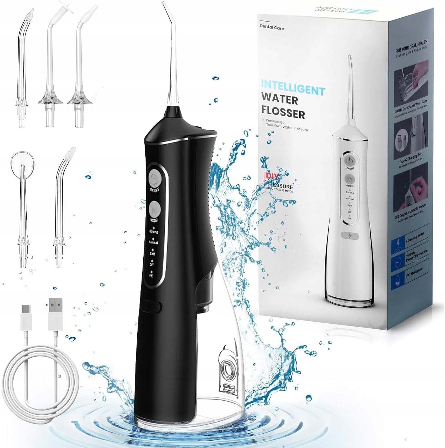 Irygator Do Zębów Bezprzewodowy Dentystyczny Mocny 6DYSZ Czarny IPX7 300ML