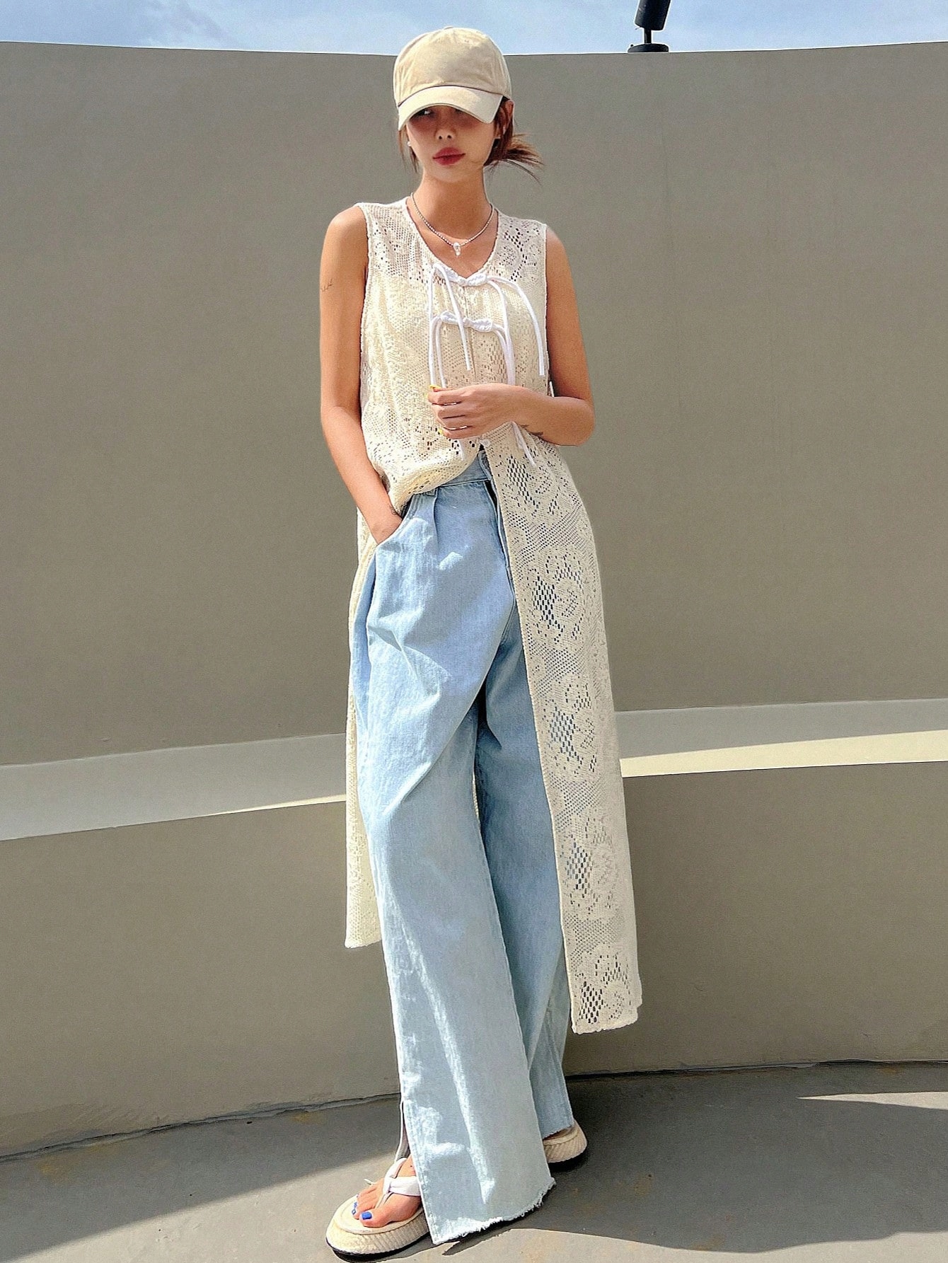 SHEIN BIAŁA SZYDEŁKOWA DŁUGA NARZUTKA Z WIĄZANIEM L 32248