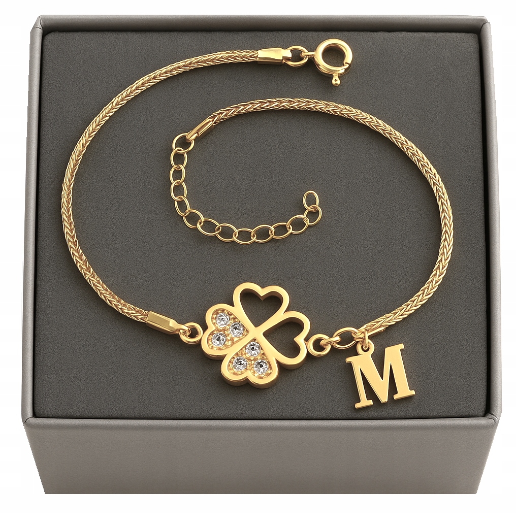 Złota bransoletka koniczynka Literka z koniczynką na szczęście srebro 925