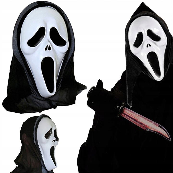 HIT!! MASKA HALLOWEEN MASKA KRZYK SCREAM BIAŁA Z KAPTUREM