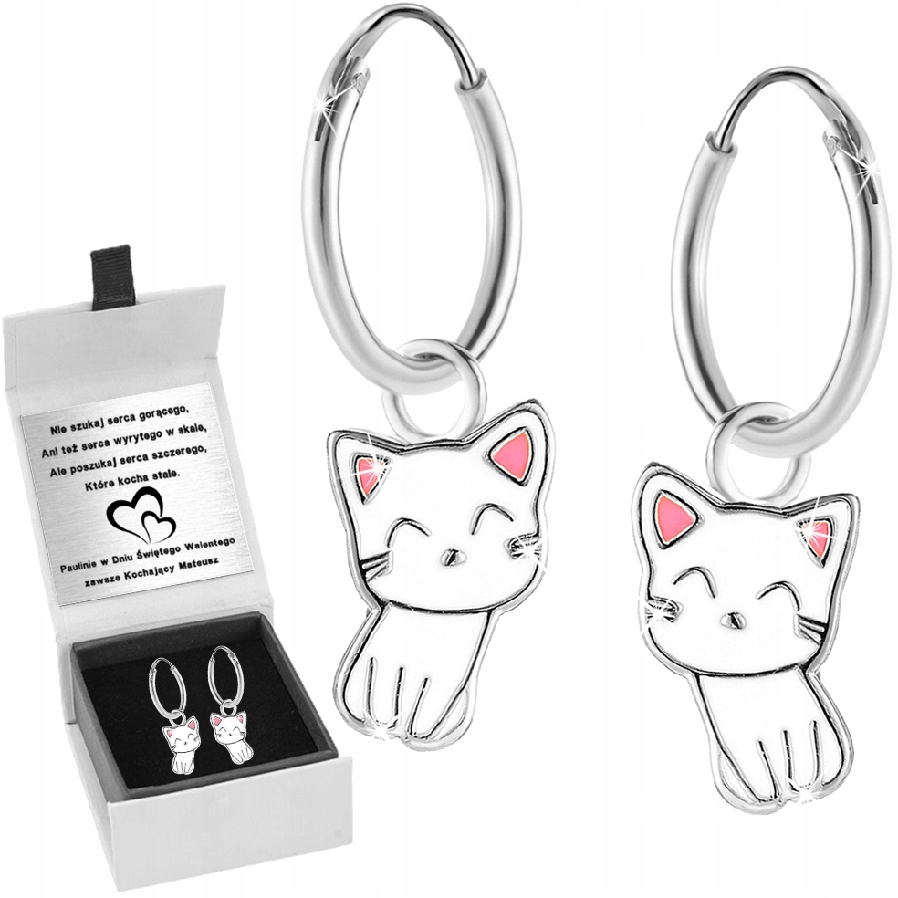 KOLCZYKI SREBRNE 925 DLA DZIEWCZYNKI KOTKI GRAWER