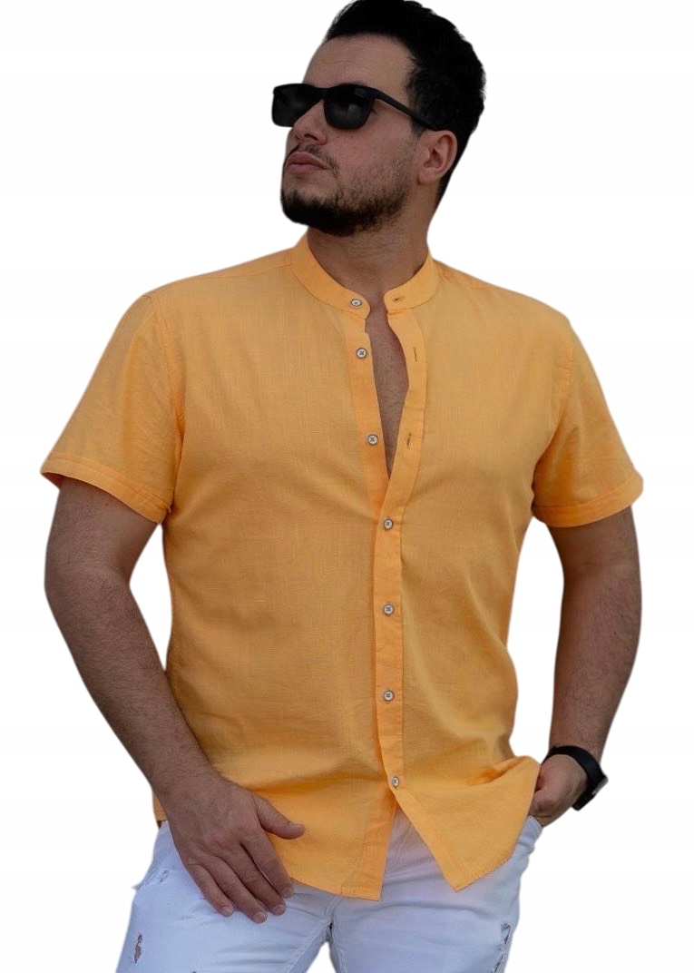 Pánská Lněná Košile Len Stojáček Casual Oranžová M