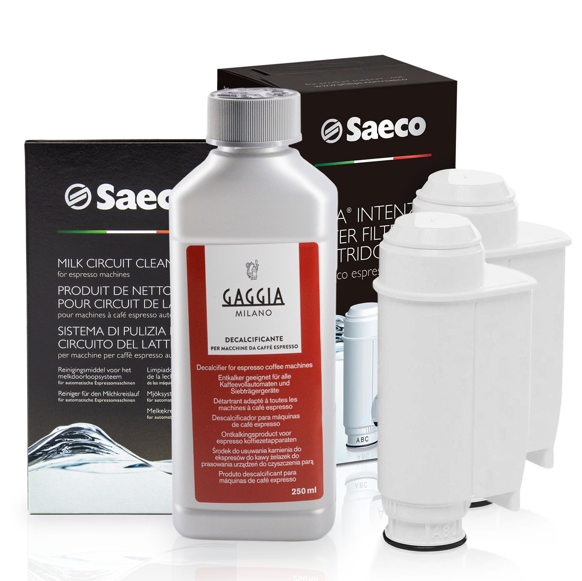 Odvápňovač 250 ml prášek 2 x filtr do kávovaru Saeco Intenza+