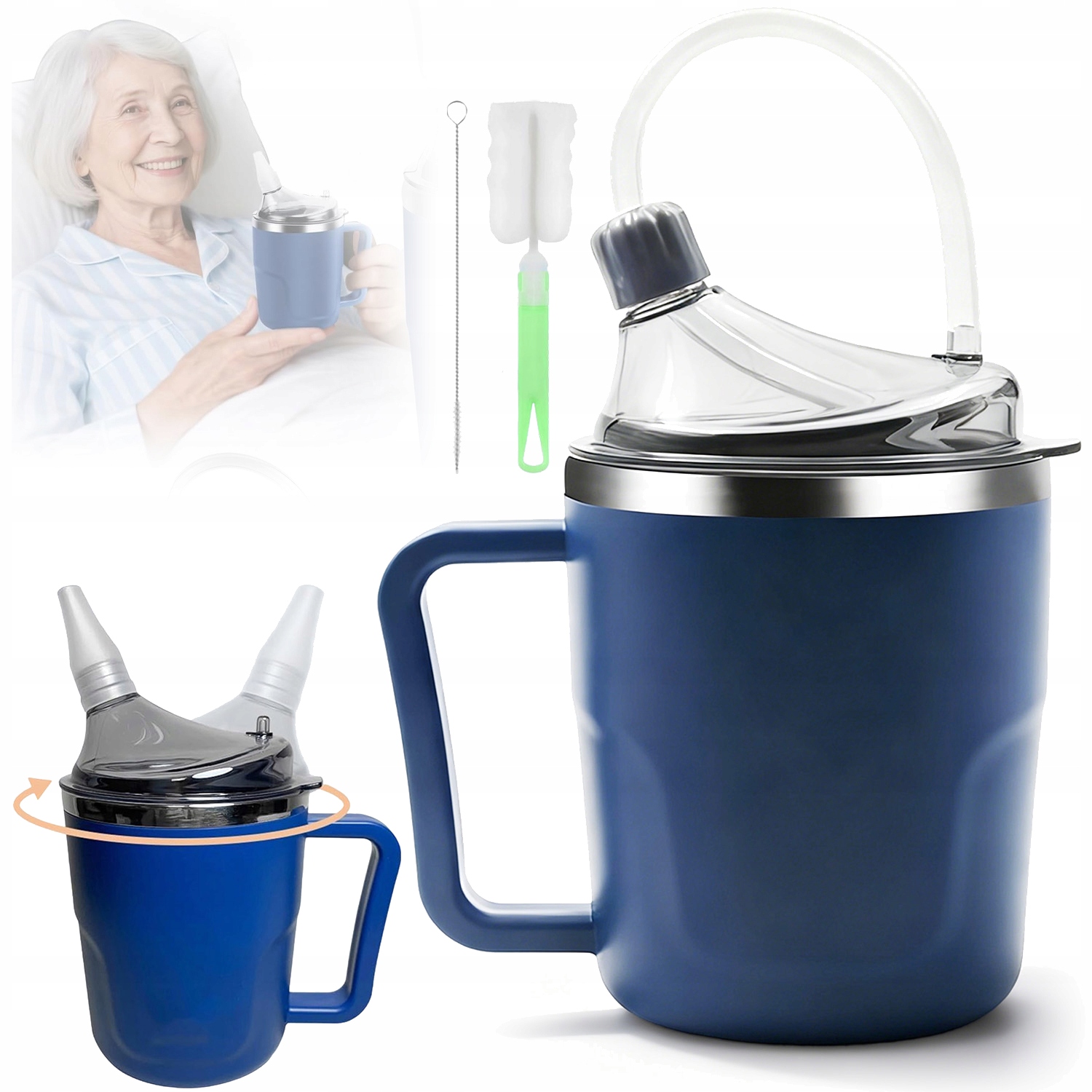 Kubek Z Ustnikiem Dziubkiem Senior Dorosły Wielofunkcyjny Stal 400ML 3W1