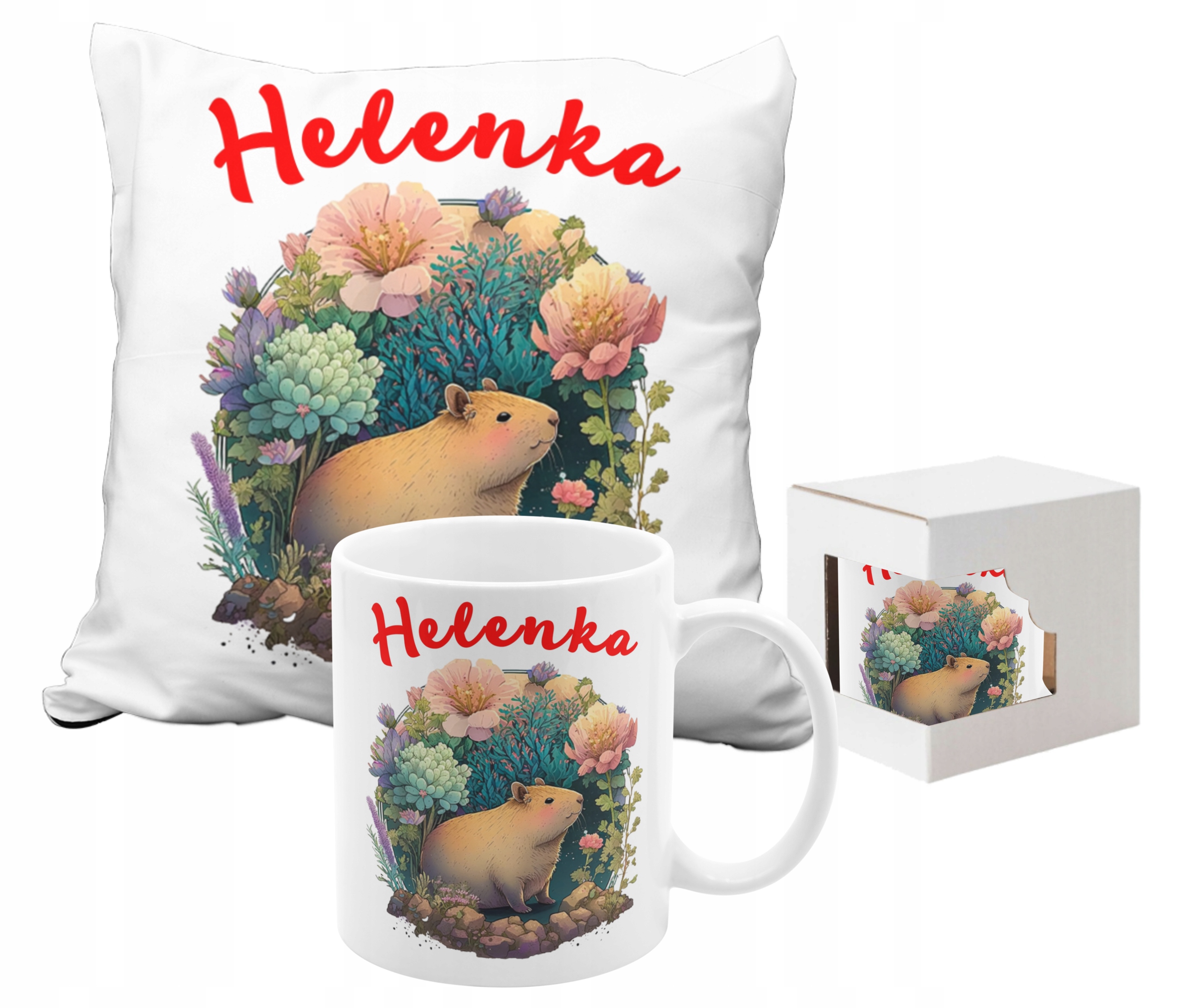 ZESTAW KUBEK PODUSZKA Z KAPIBARĄ I IMIENIEM Wysokość 38 cm